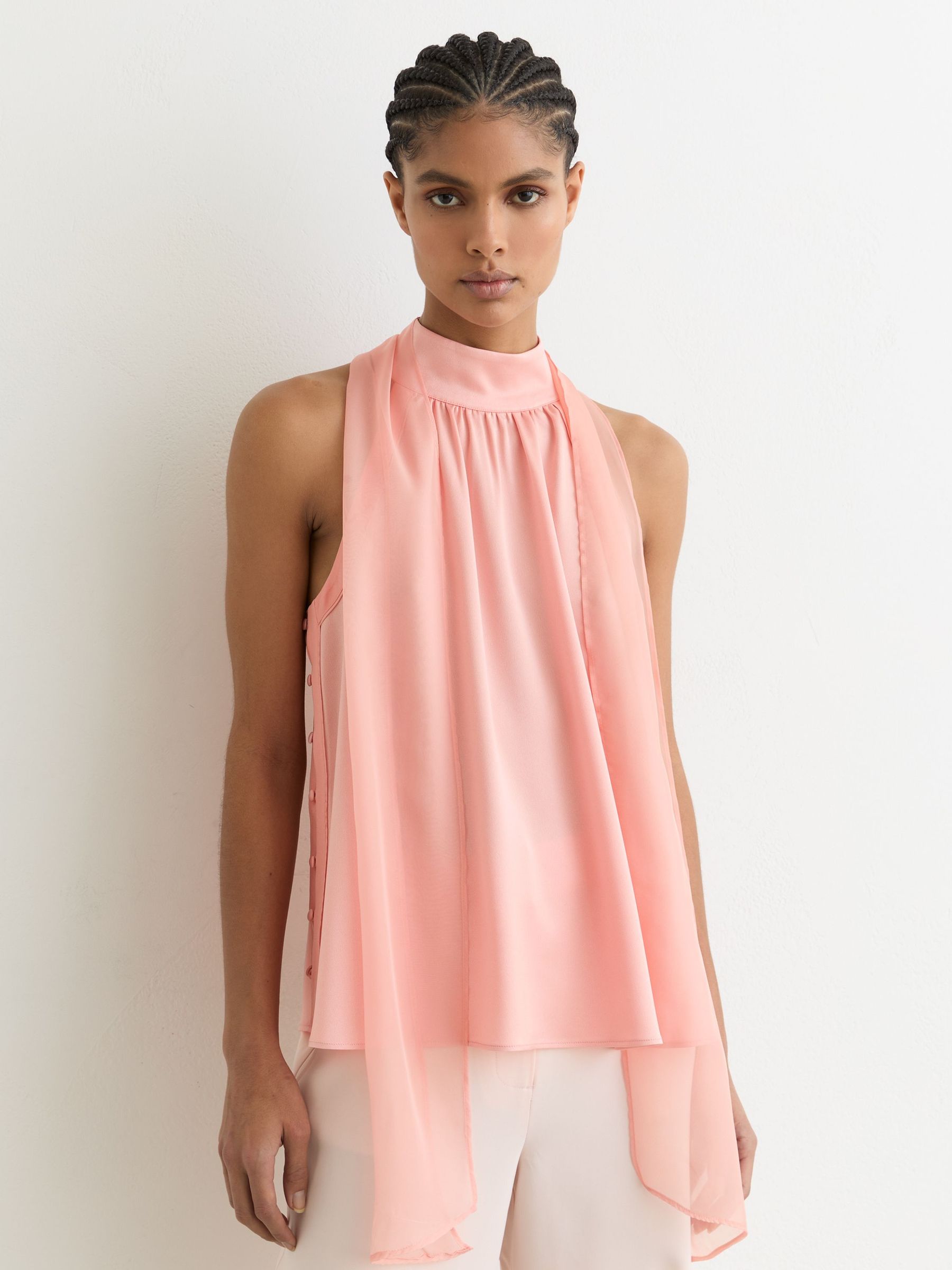Satin Sleeveless Scarf-Neck Top in Pink (V30342) | 170 €