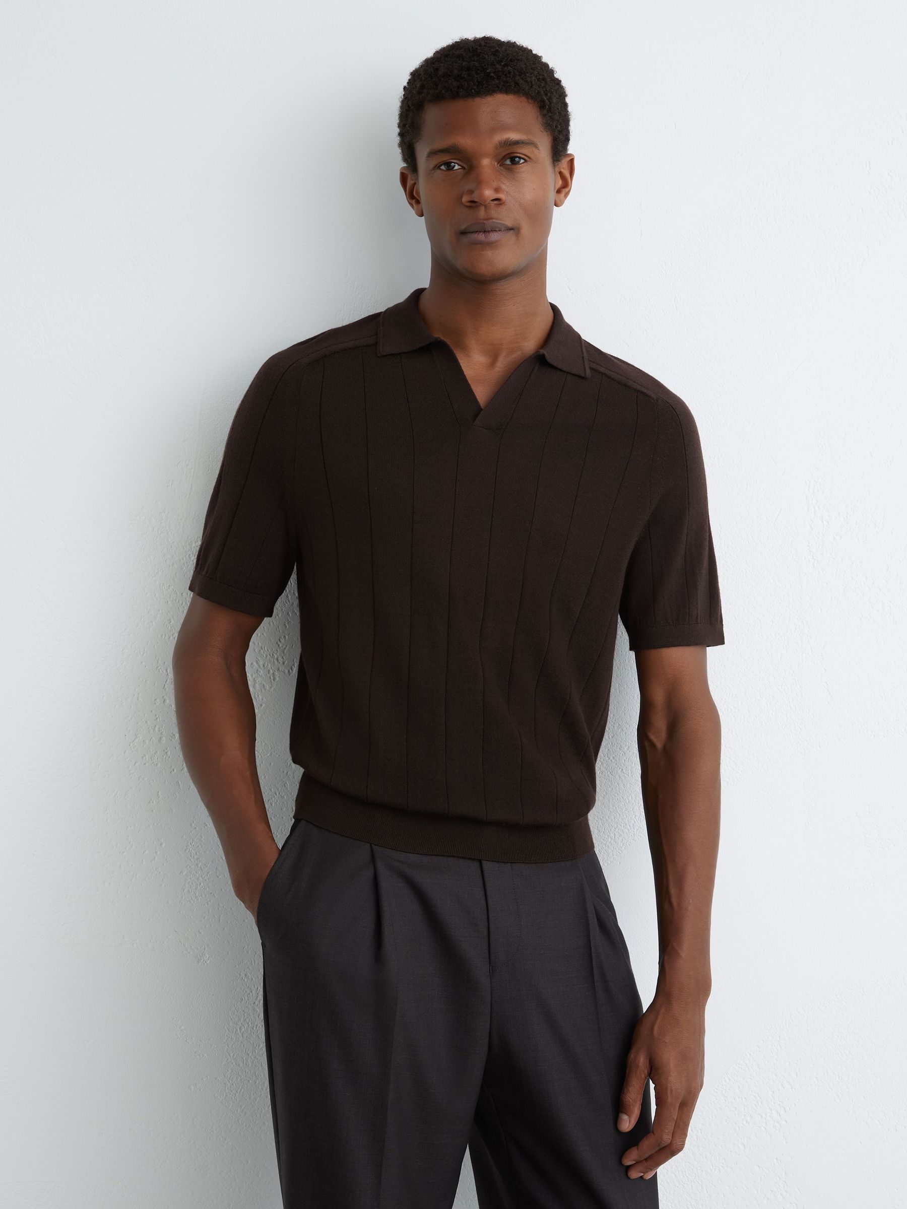 Merino Wool Wide-Rib Polo Jumper in Chocolate Brown (V32077) | €115