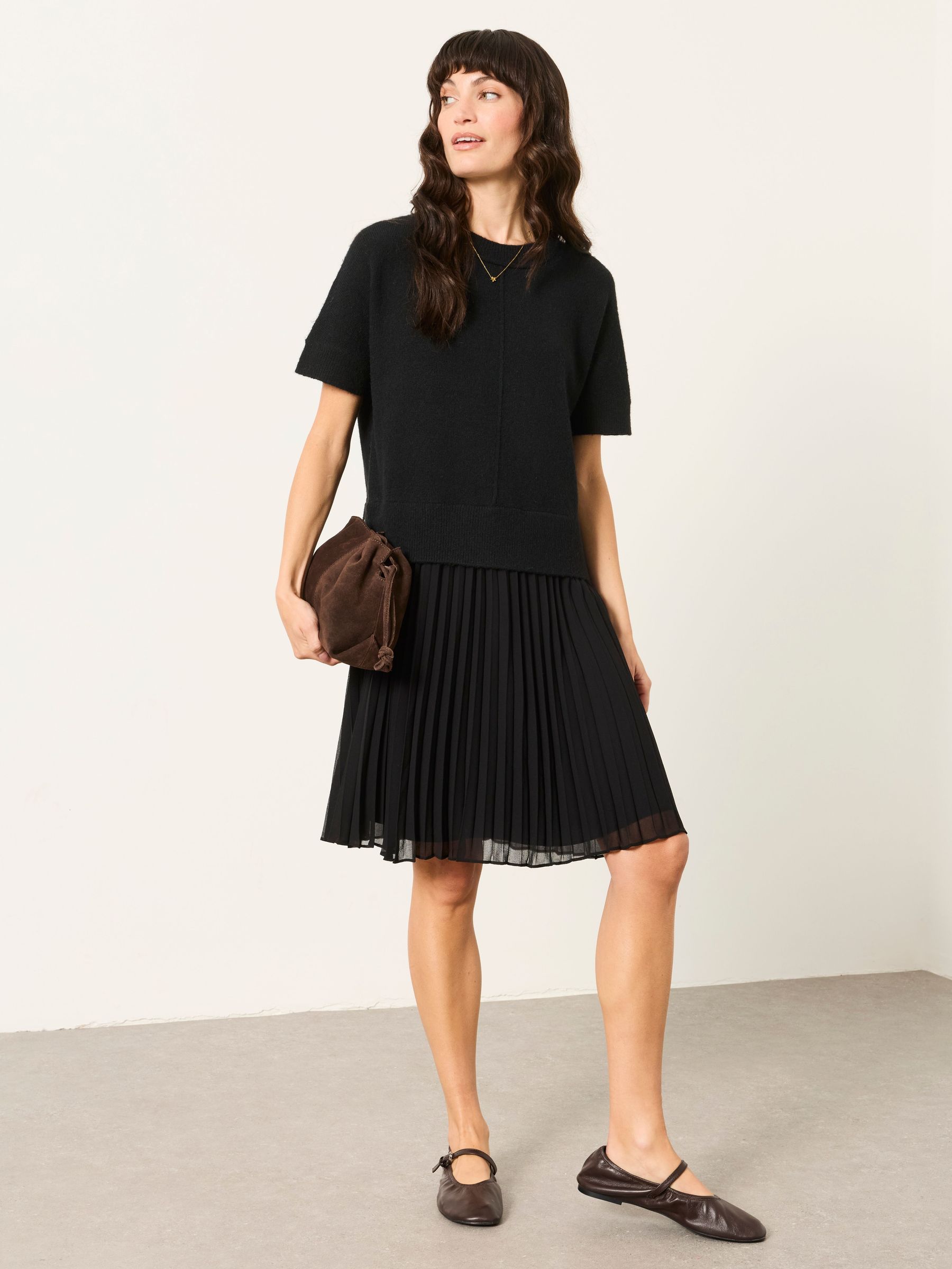 Black - Double Layer Knitted Top Mini Dress