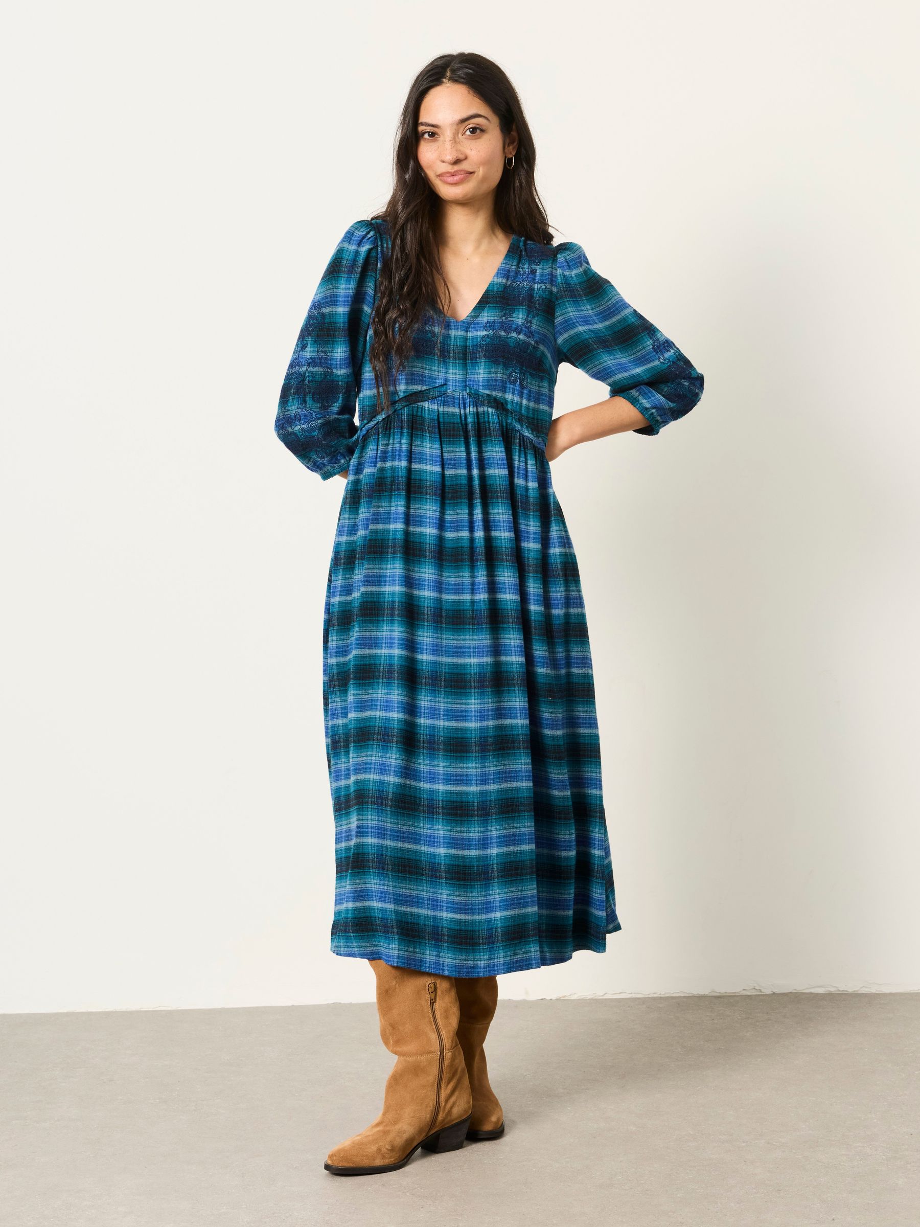 Teal Blue - Check Midi Dress