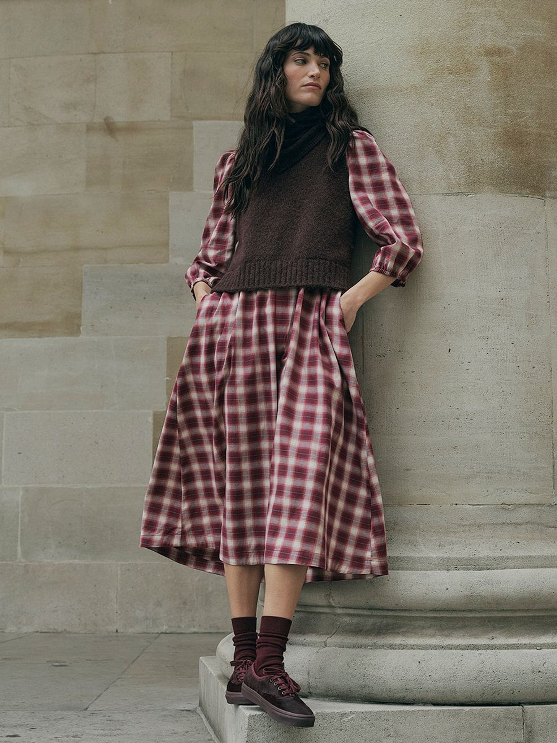 Red Check - Midi Dress With Knitted Tank