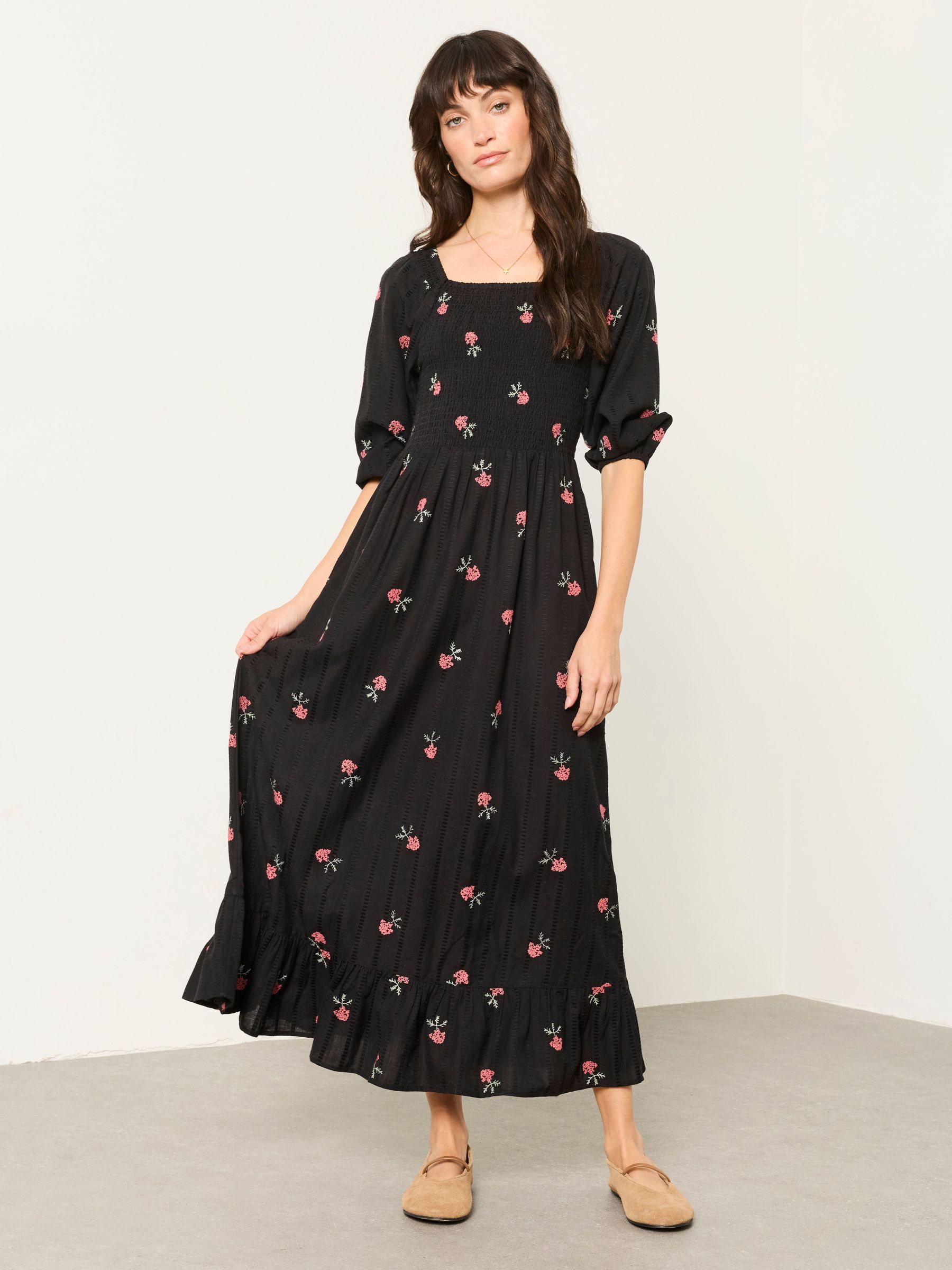 Black - Embroidered Midi Dress