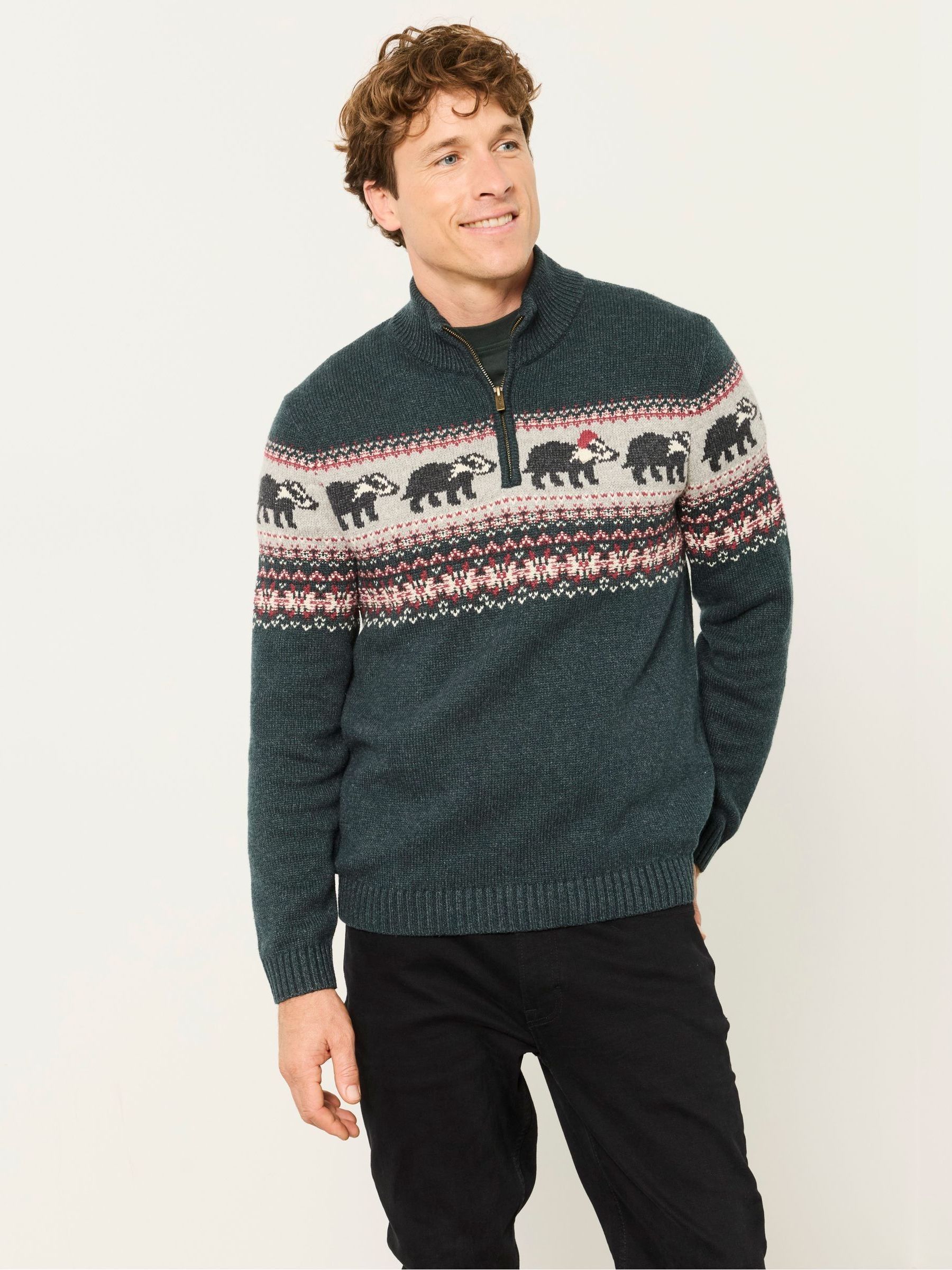 Green - Regular Badger Half Neck Christmas Jumper