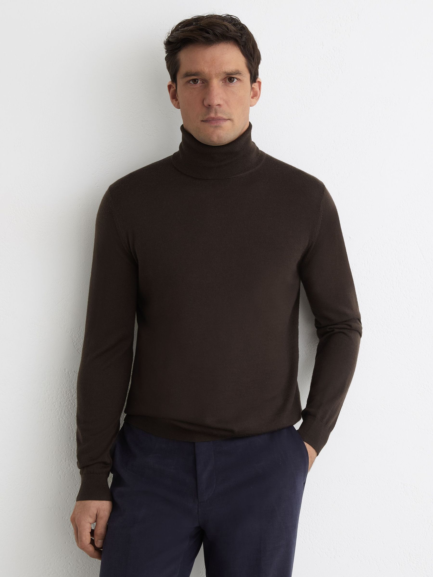 Slim Fit Merino Wool Roll Neck Jumper in Dark Brown (V43952) | HK$1,270