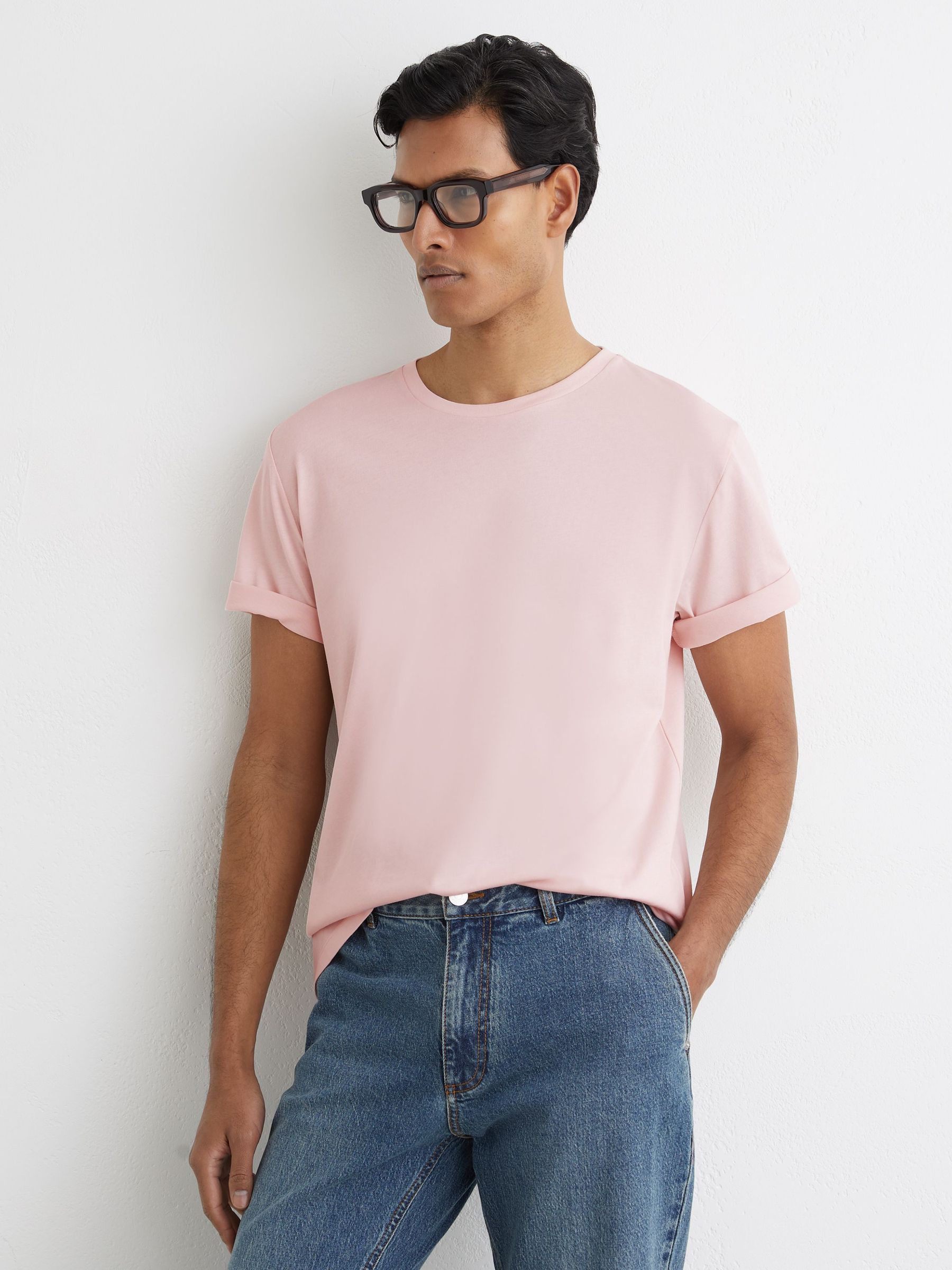 Cotton Crew-Neck T-Shirt in Pink (V47853) | $45