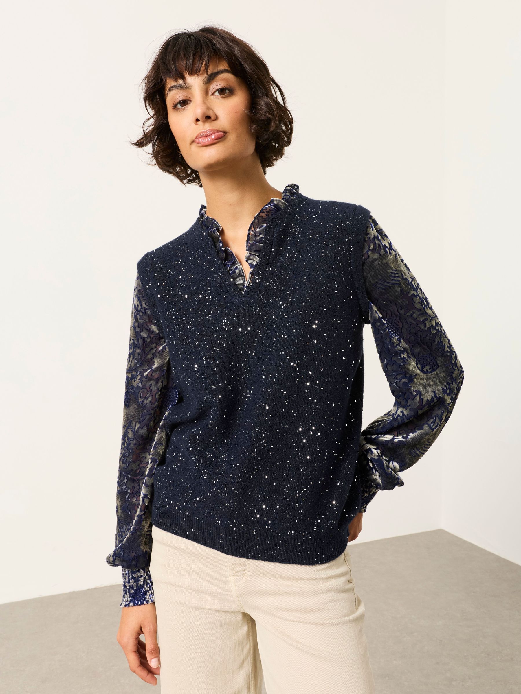 Blue Sparkle - Knitted Tank Devore Sleeve Blouse