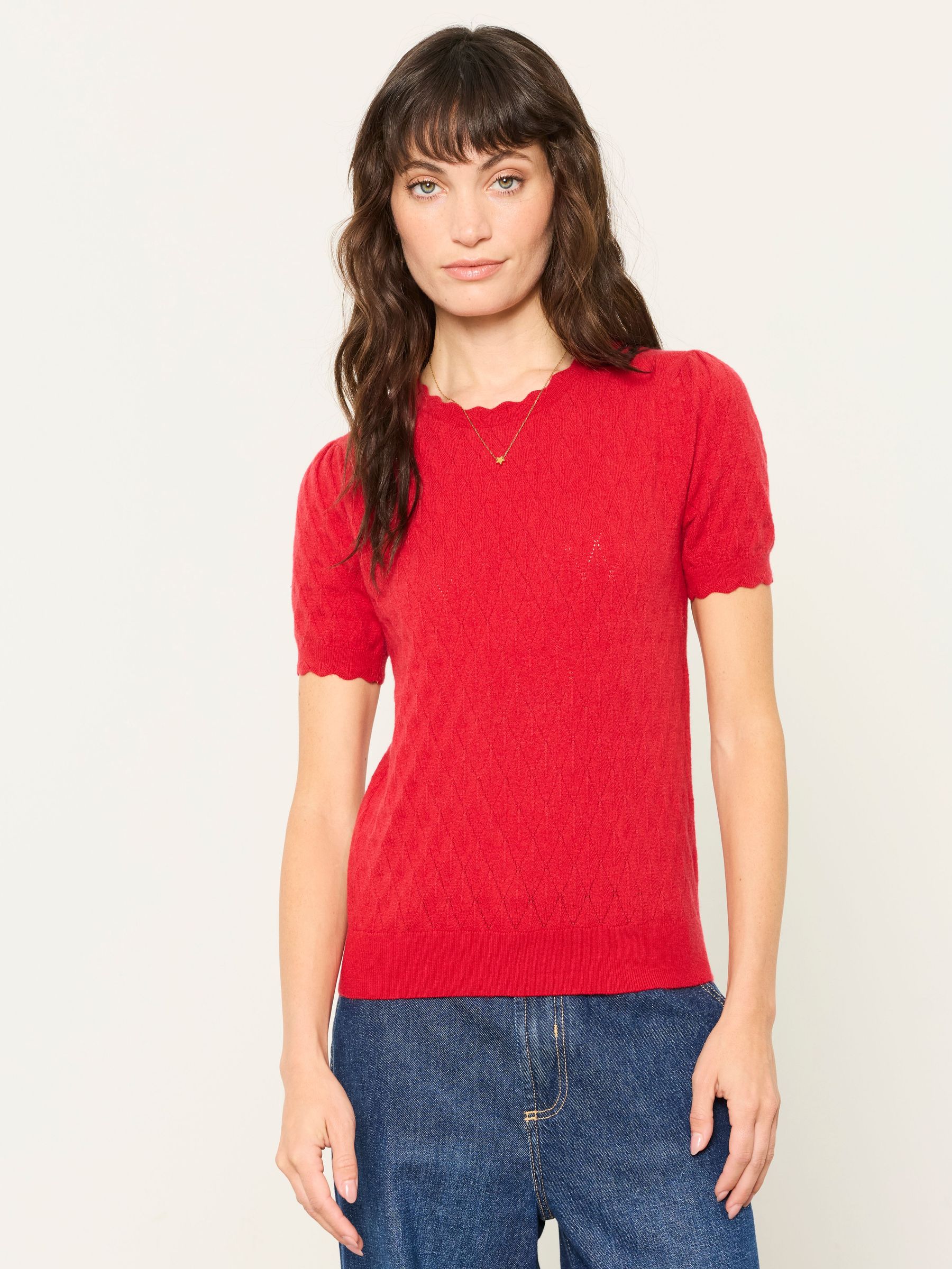 Red - Pointelle Stitch Short Sleeve Top