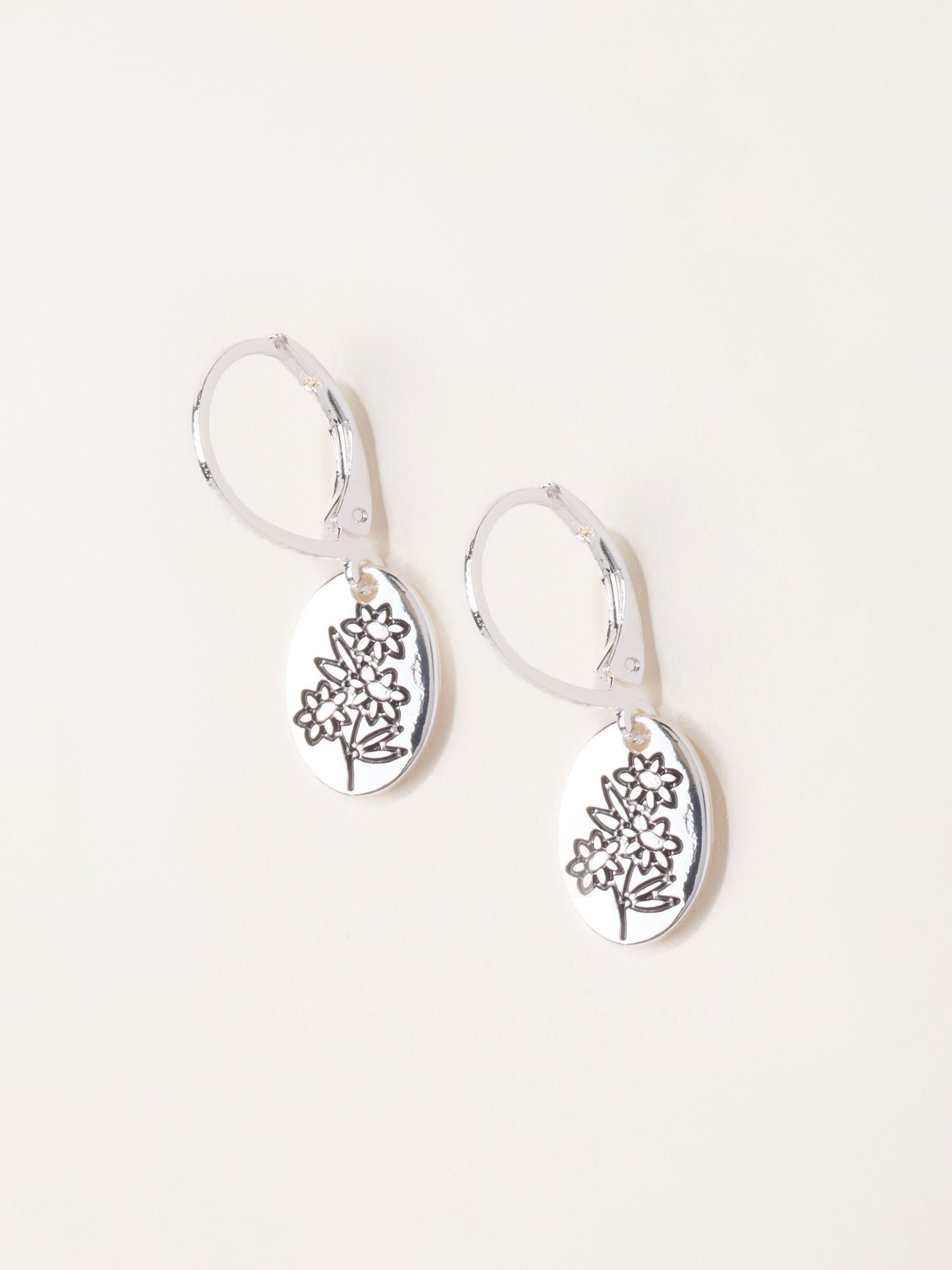 Silver Tone - Floral Disc Earrings