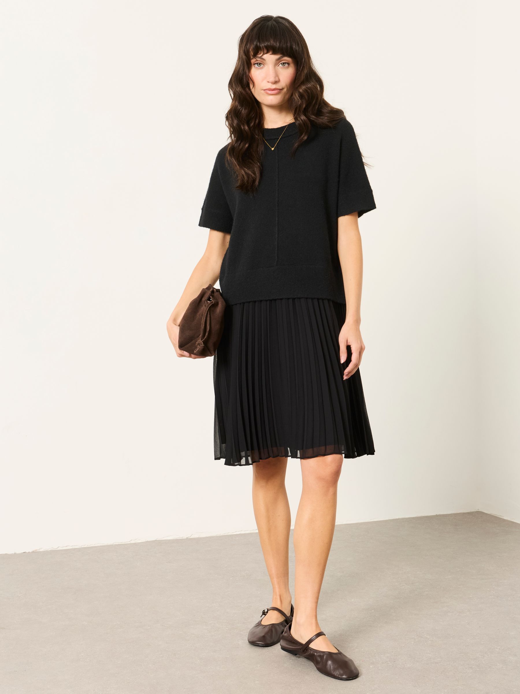 Black - Double Layer Knitted Top Mini Dress