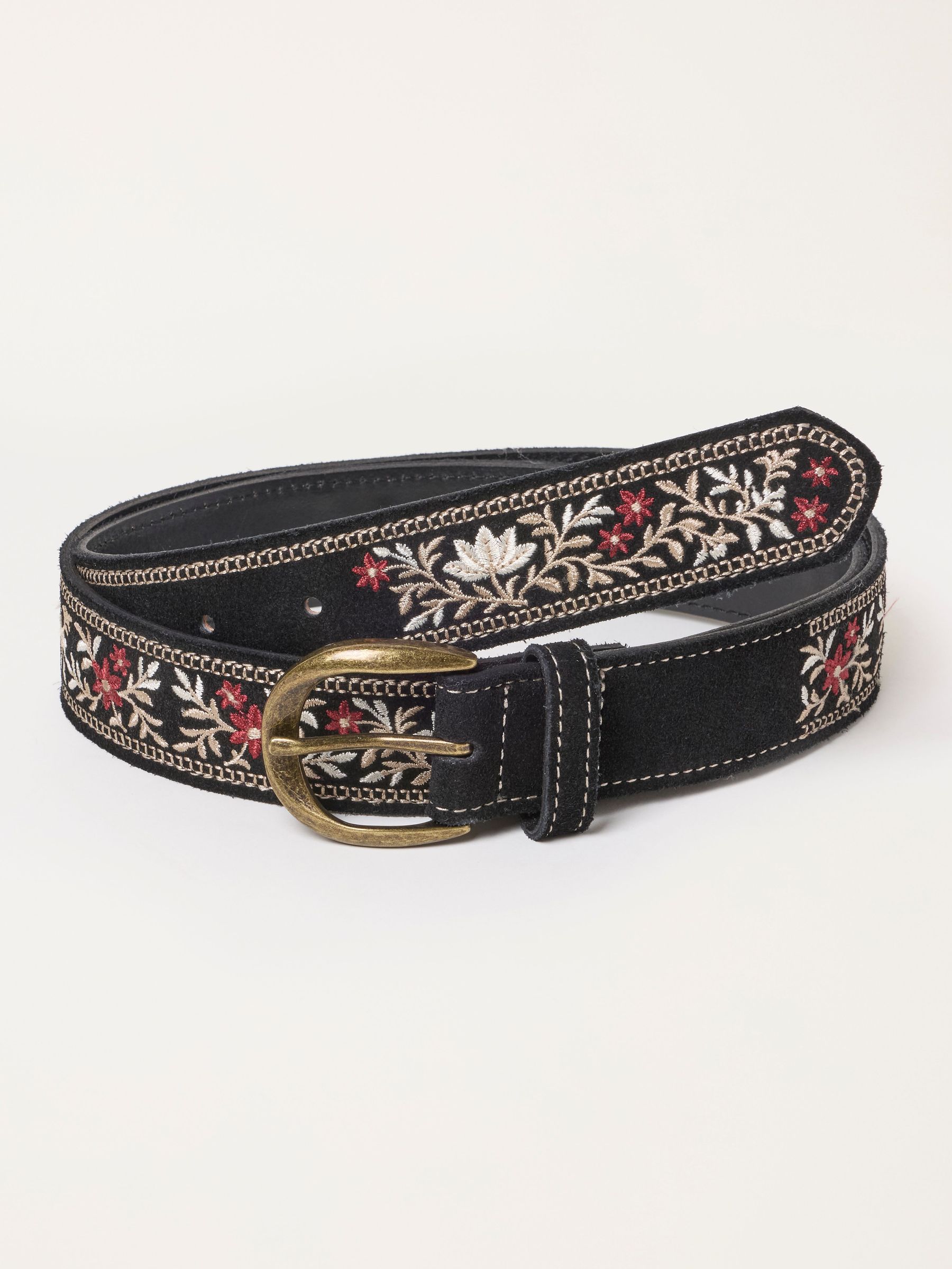 Black - Floral Embroidered Suede Belt