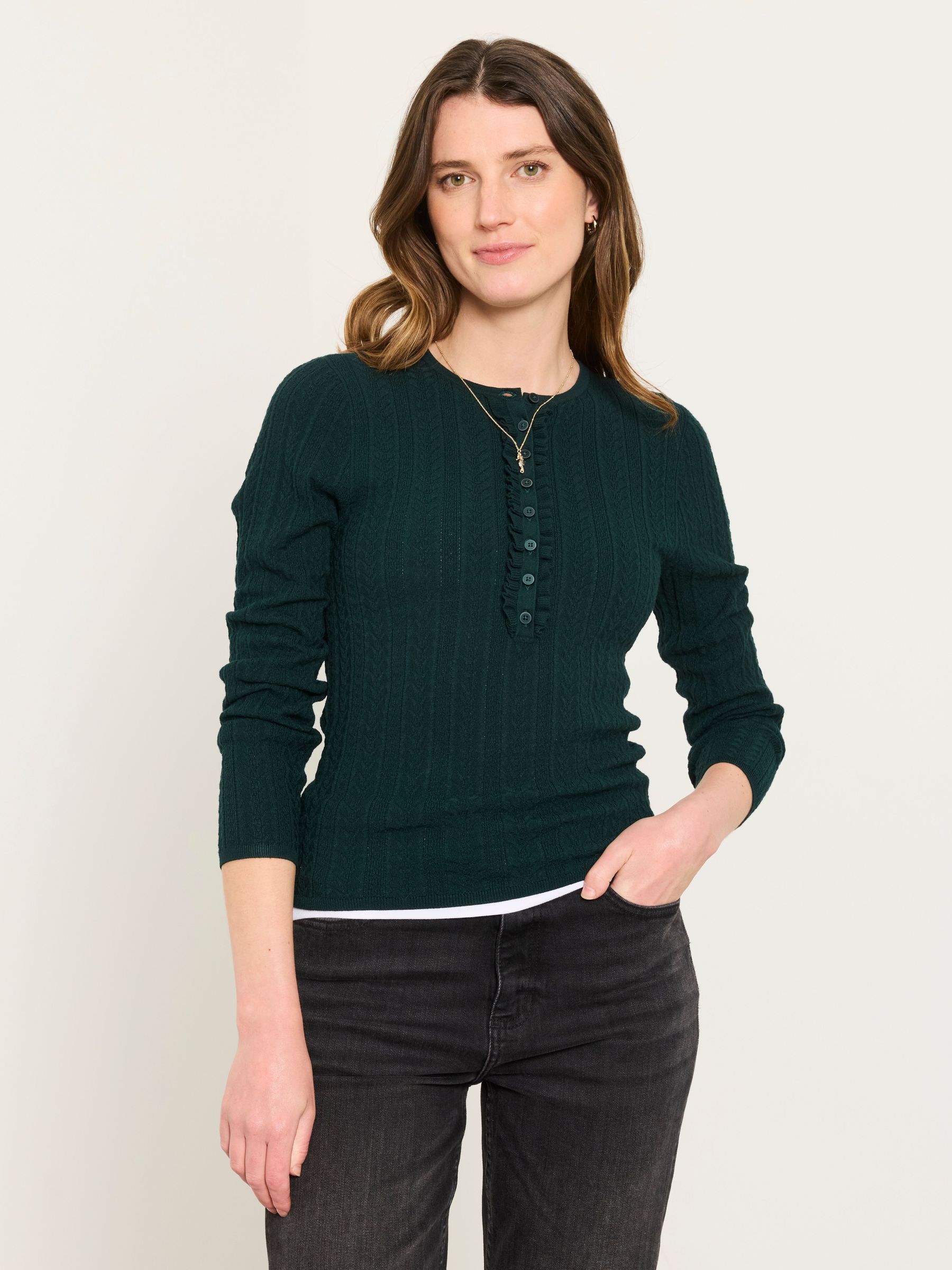 Jade Green - Knitted Frill Front Henley