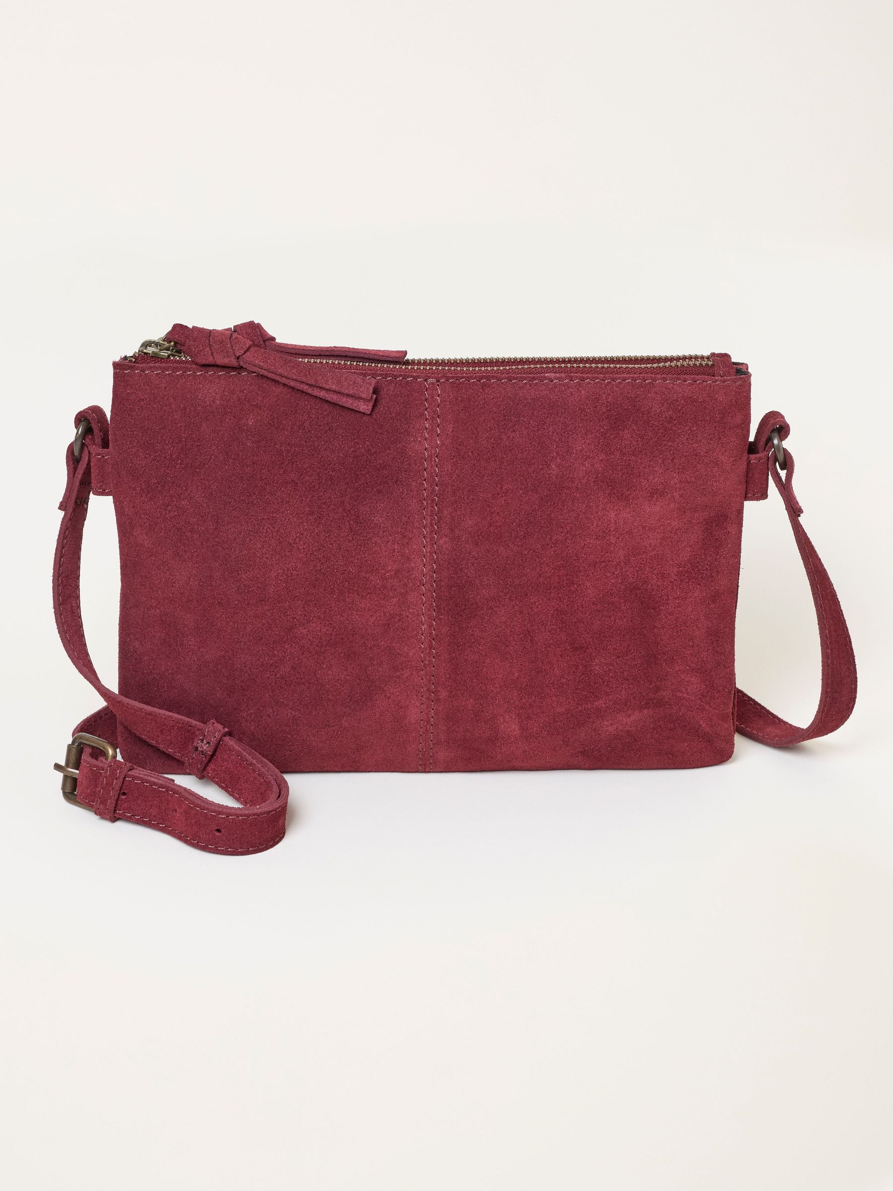Burgundy Red - Double Compartment Suede Crossbody Bag