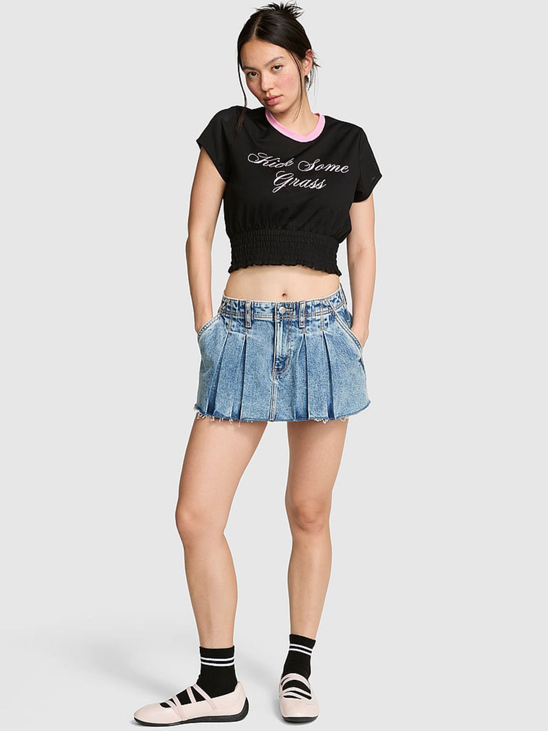 Black - Smocked Mesh Football Jersey Top