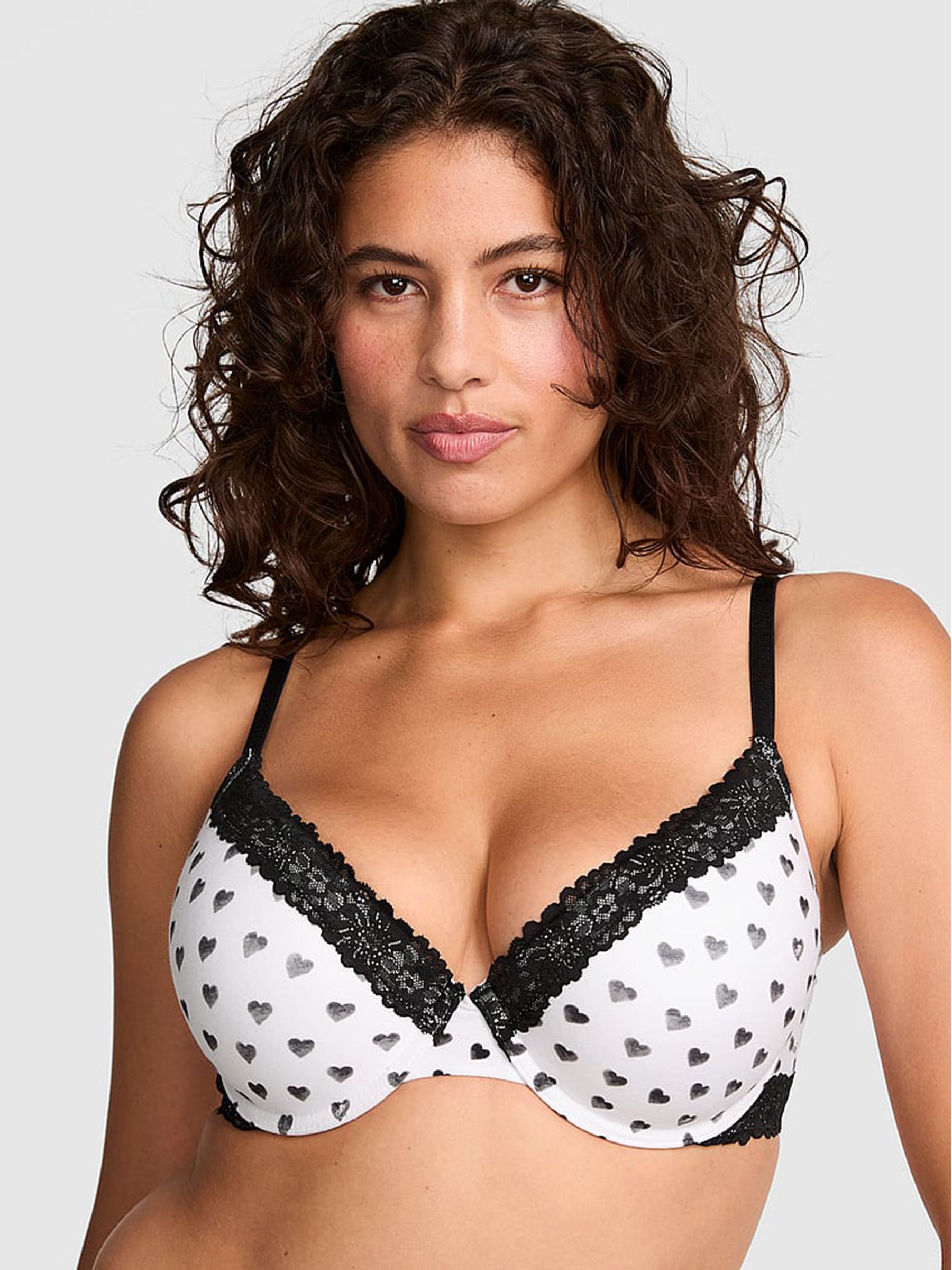 White Heart Print - Non Wired Push Up Lace Trim Bra