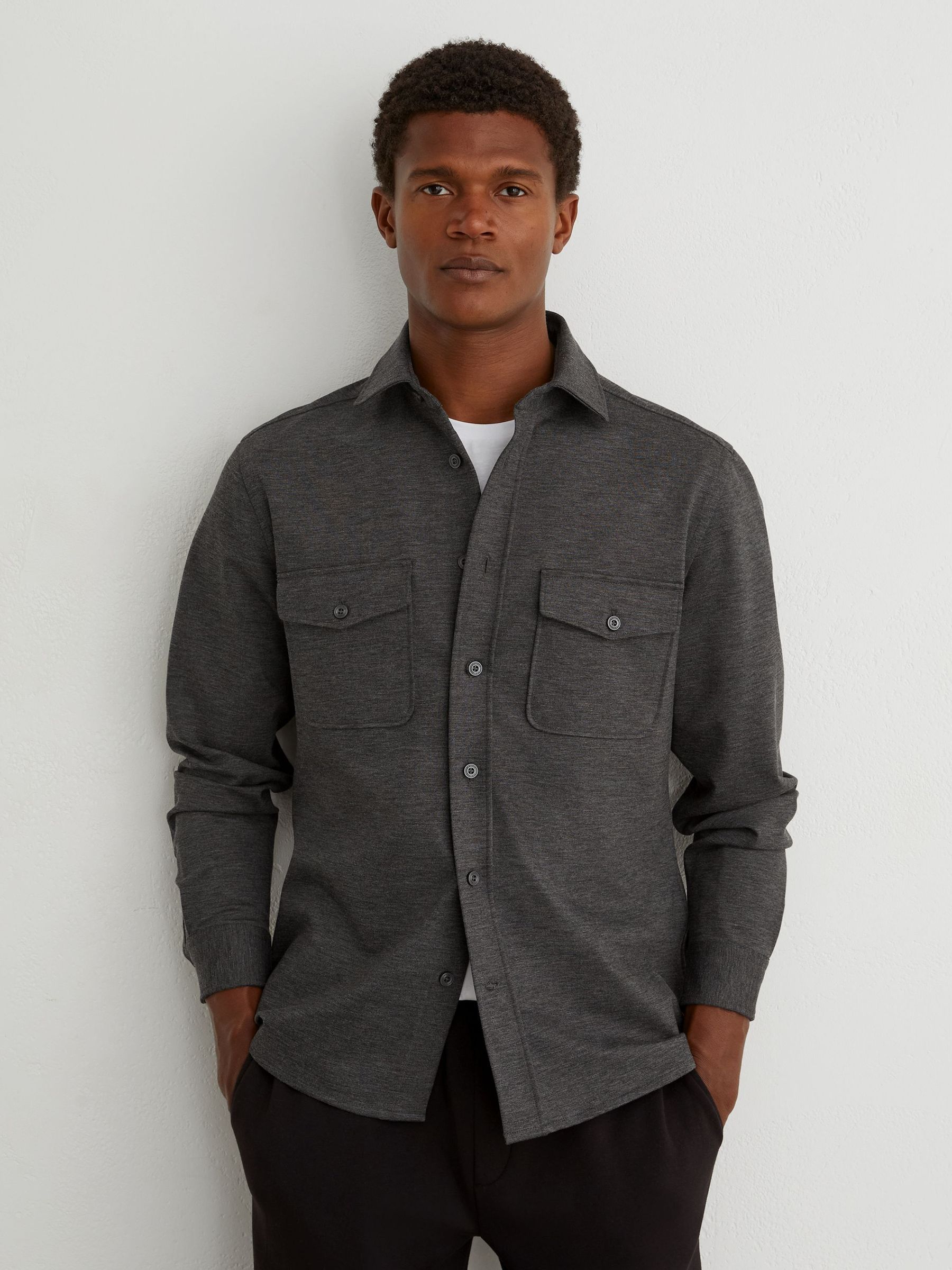 Charcoal Grey - Regular Twin-pocket Button-through Overshirt