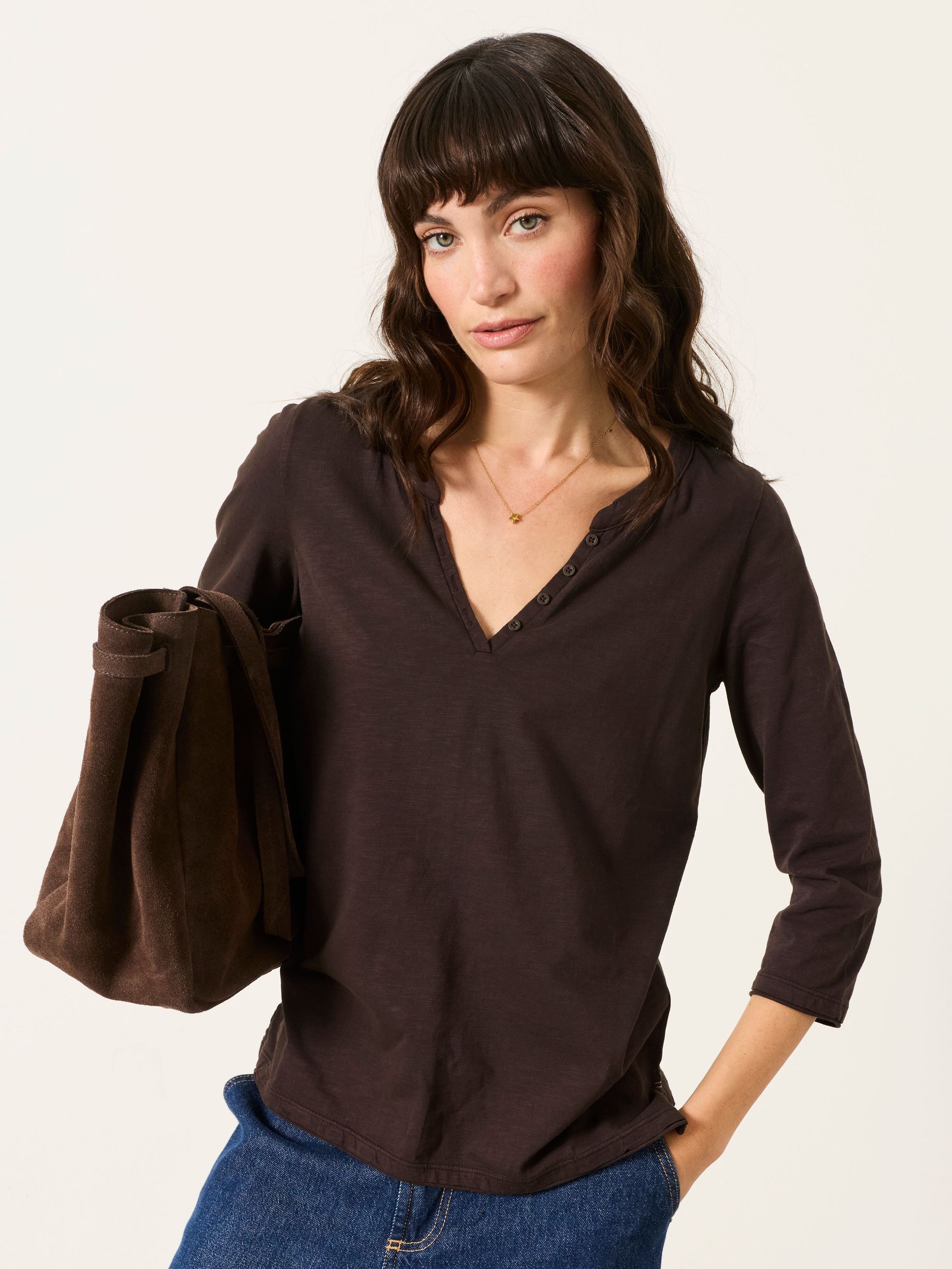 Chocolate Brown - 3/4 Sleeve V-neck T-shirt