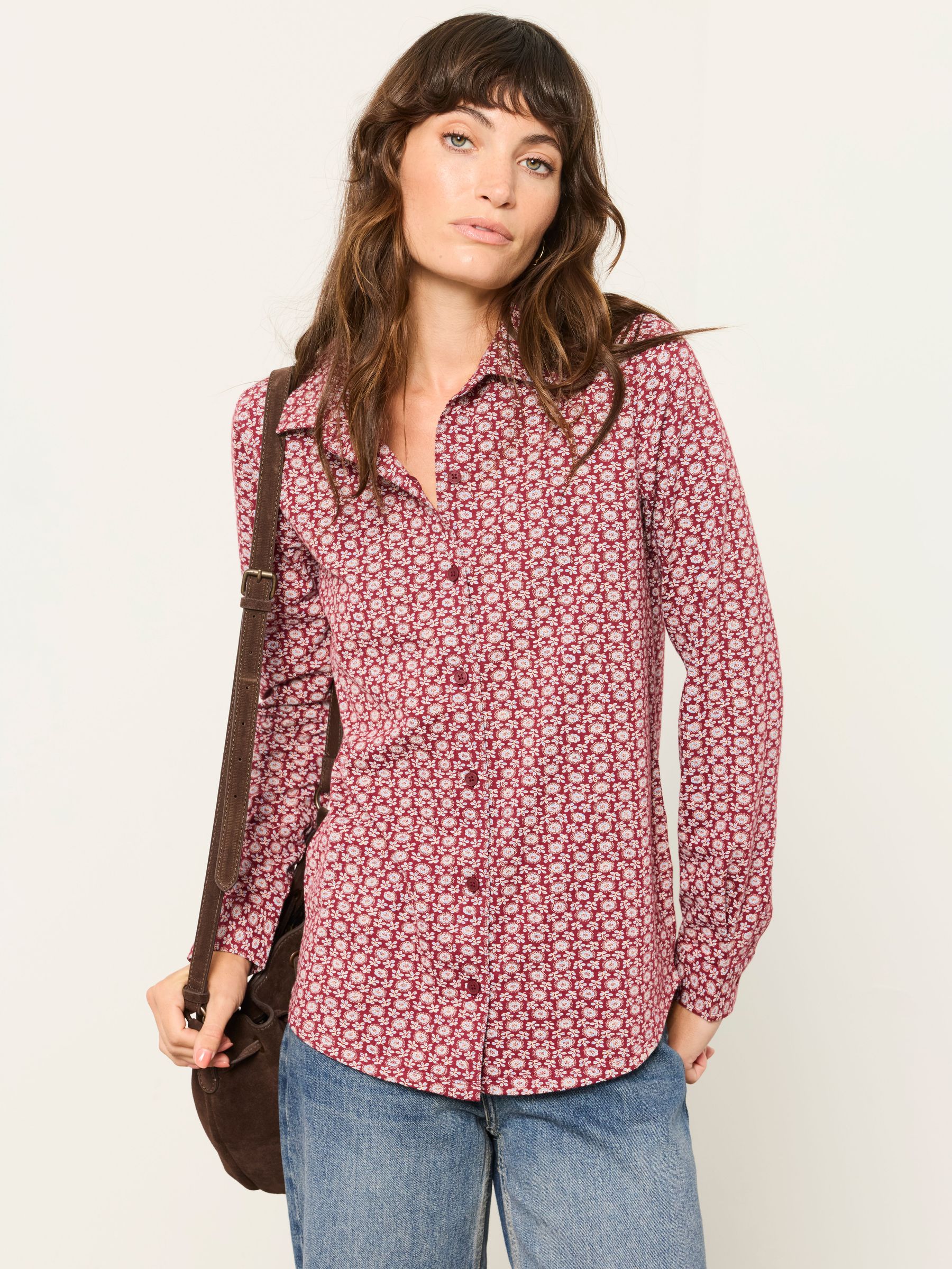 Burgundy Red Folk Print - Long Sleeve Jersey Shirt