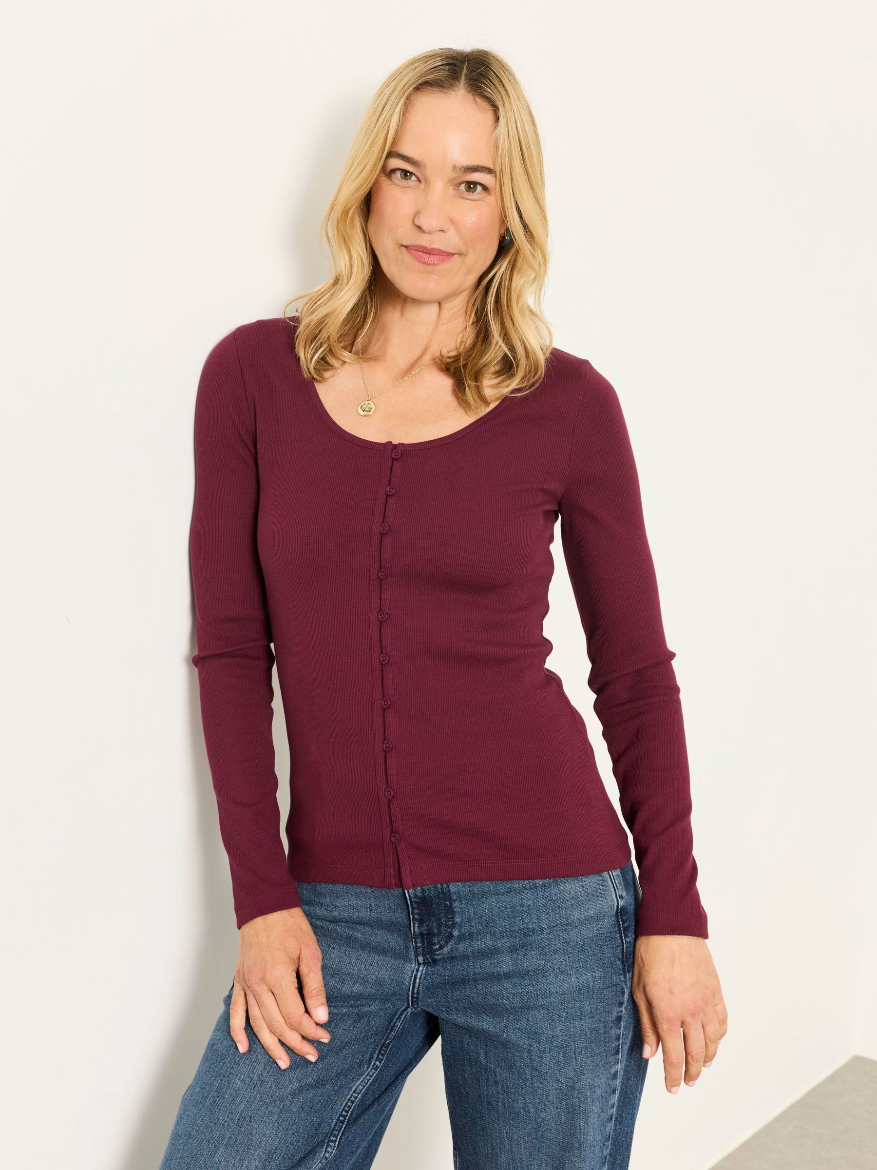 Plum Purple - Button Ribbed Long Sleeve Top