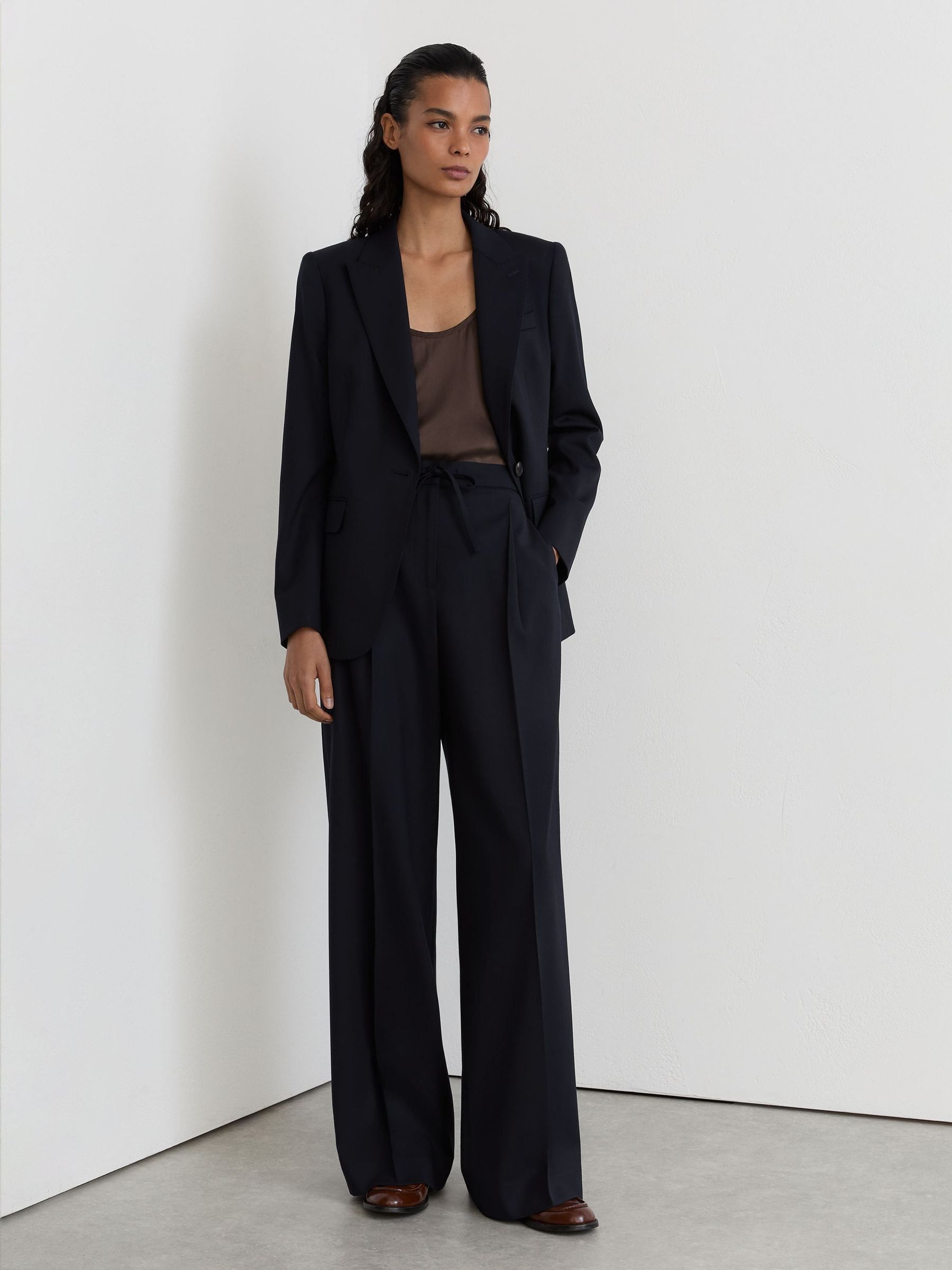 Navy - Wool-blend Drawstring Wide-leg Suit Trousers