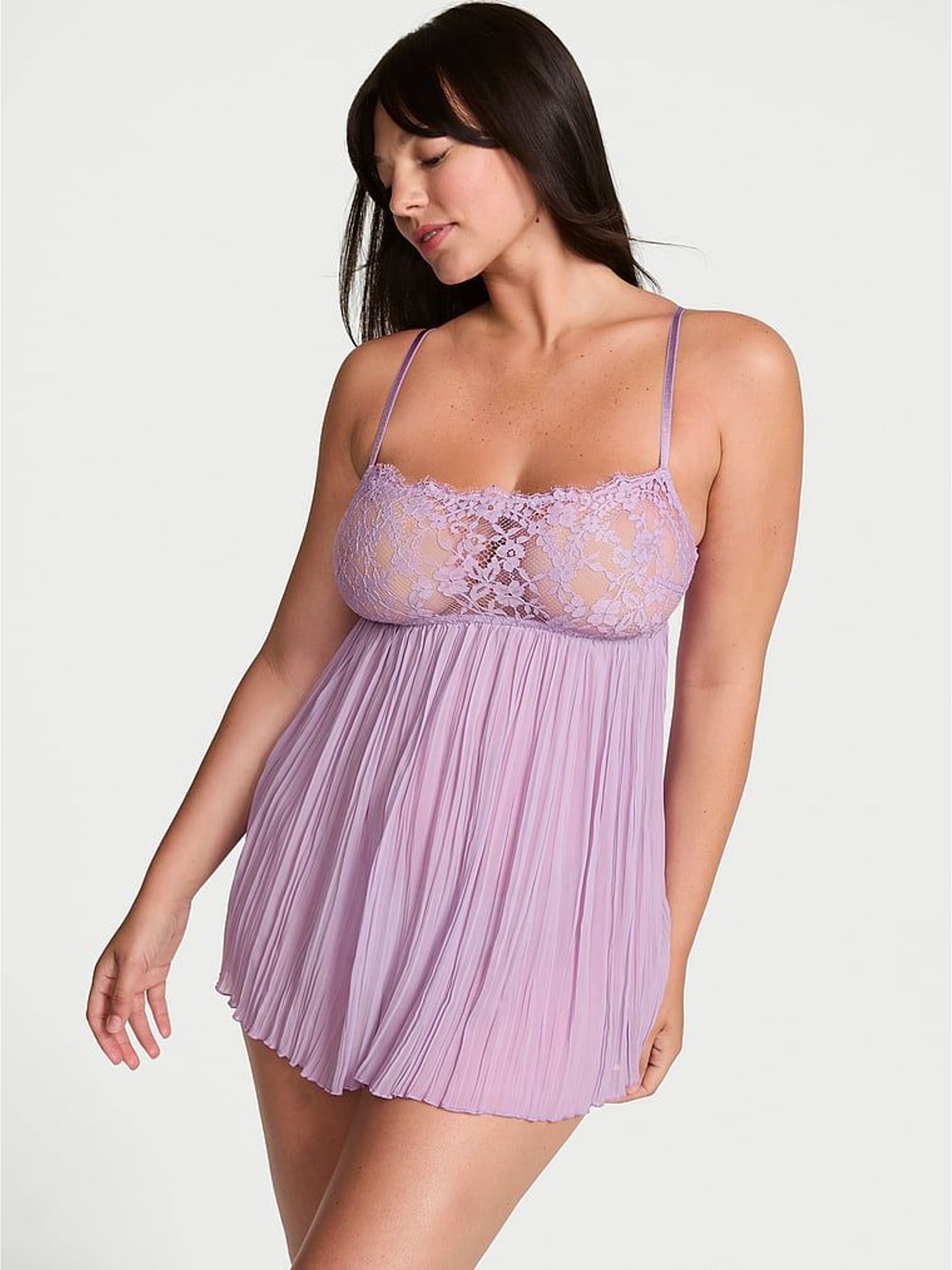 Alluring Lilac Purple - Lace Pleated Babydoll Set