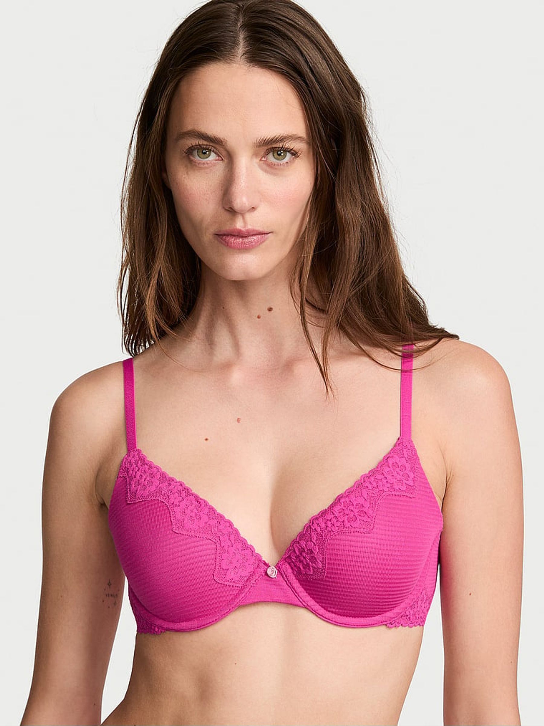 Pink Fire - Lightly Lined Non Wired Cotton Stripe Lace Trim Bra