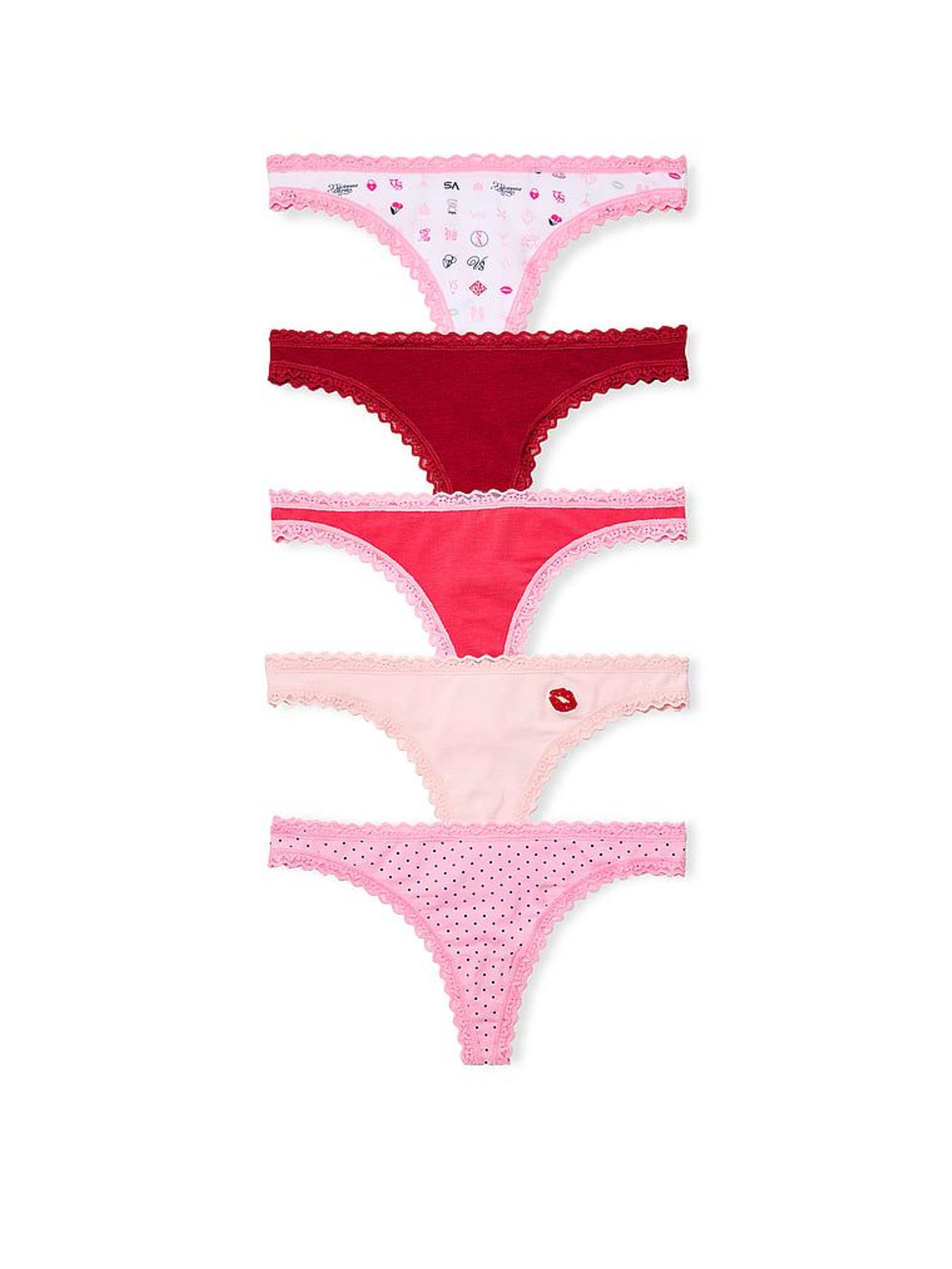 White/Red/Pink - Thong 5 Pack Cotton Lace Trim Knickers
