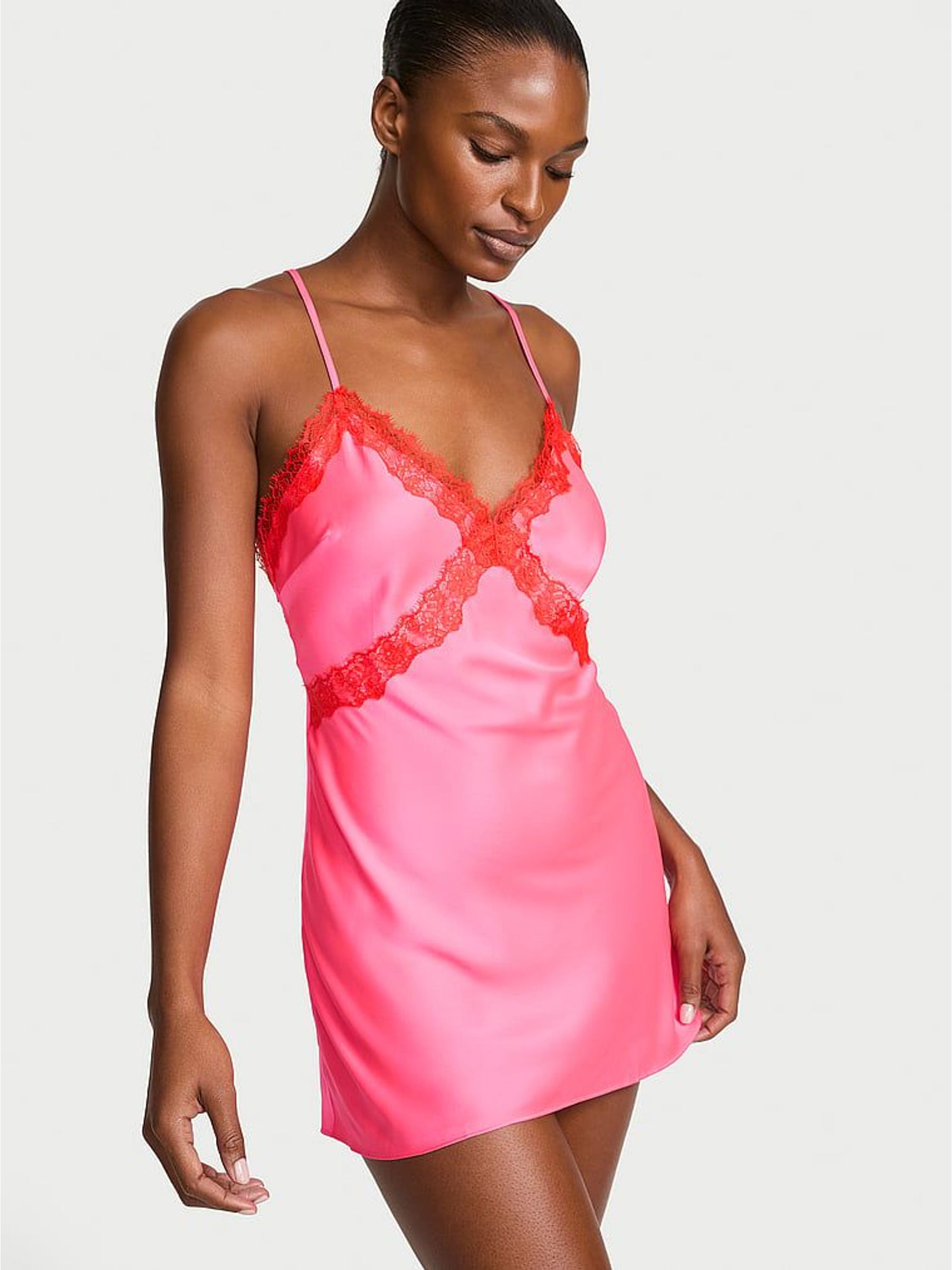 Bombshell Pink - Satin Lace Trim Mini Slip Dress