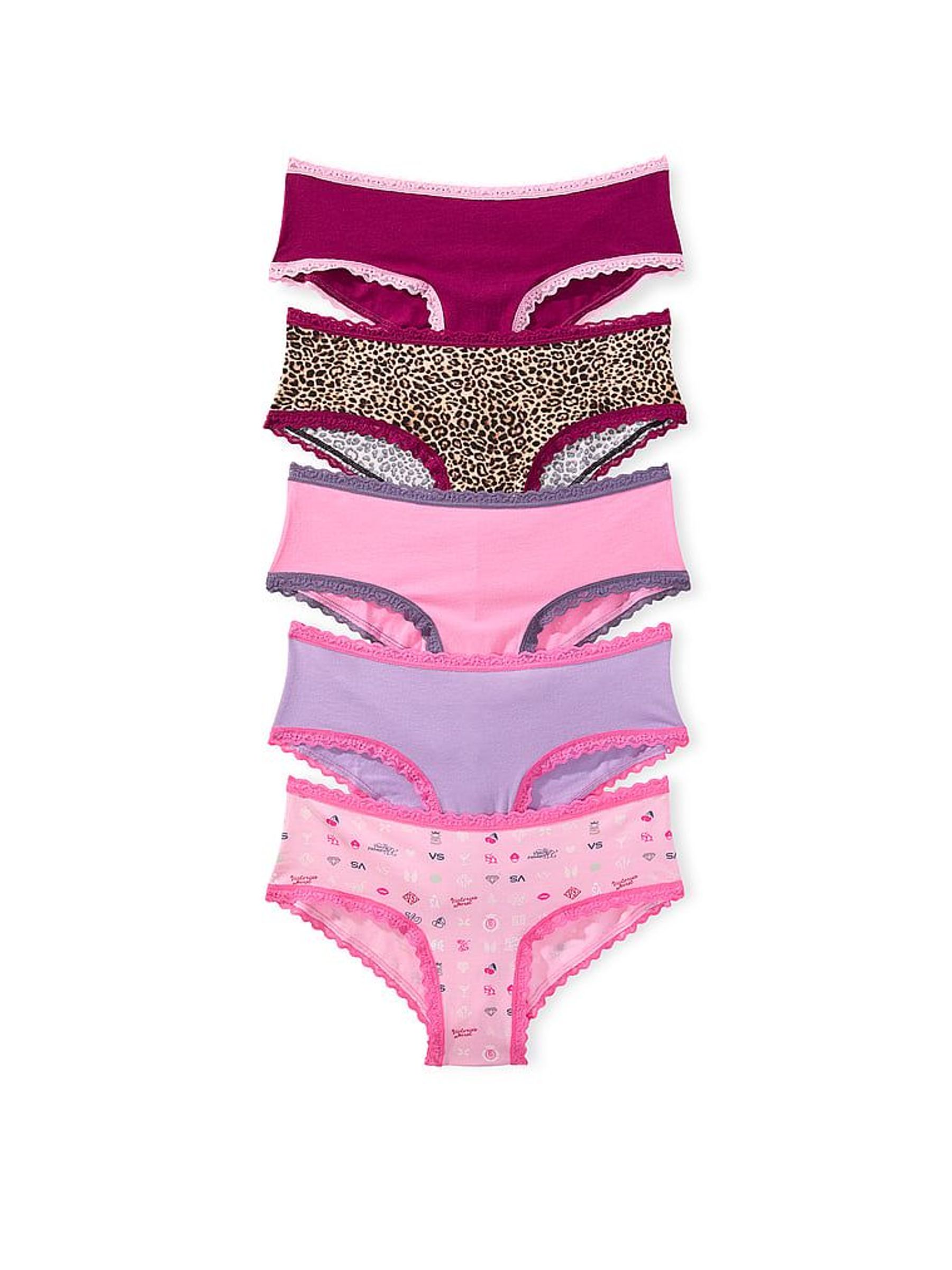 Pink/Leopard/Purple - Cheeky 5 Pack Cotton Lace Trim Knickers