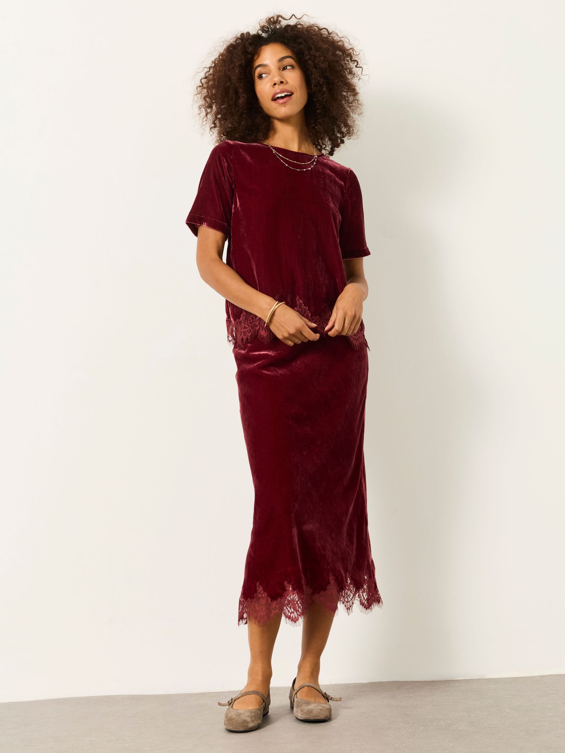 Rose Pink - Velvet Midi Skirt