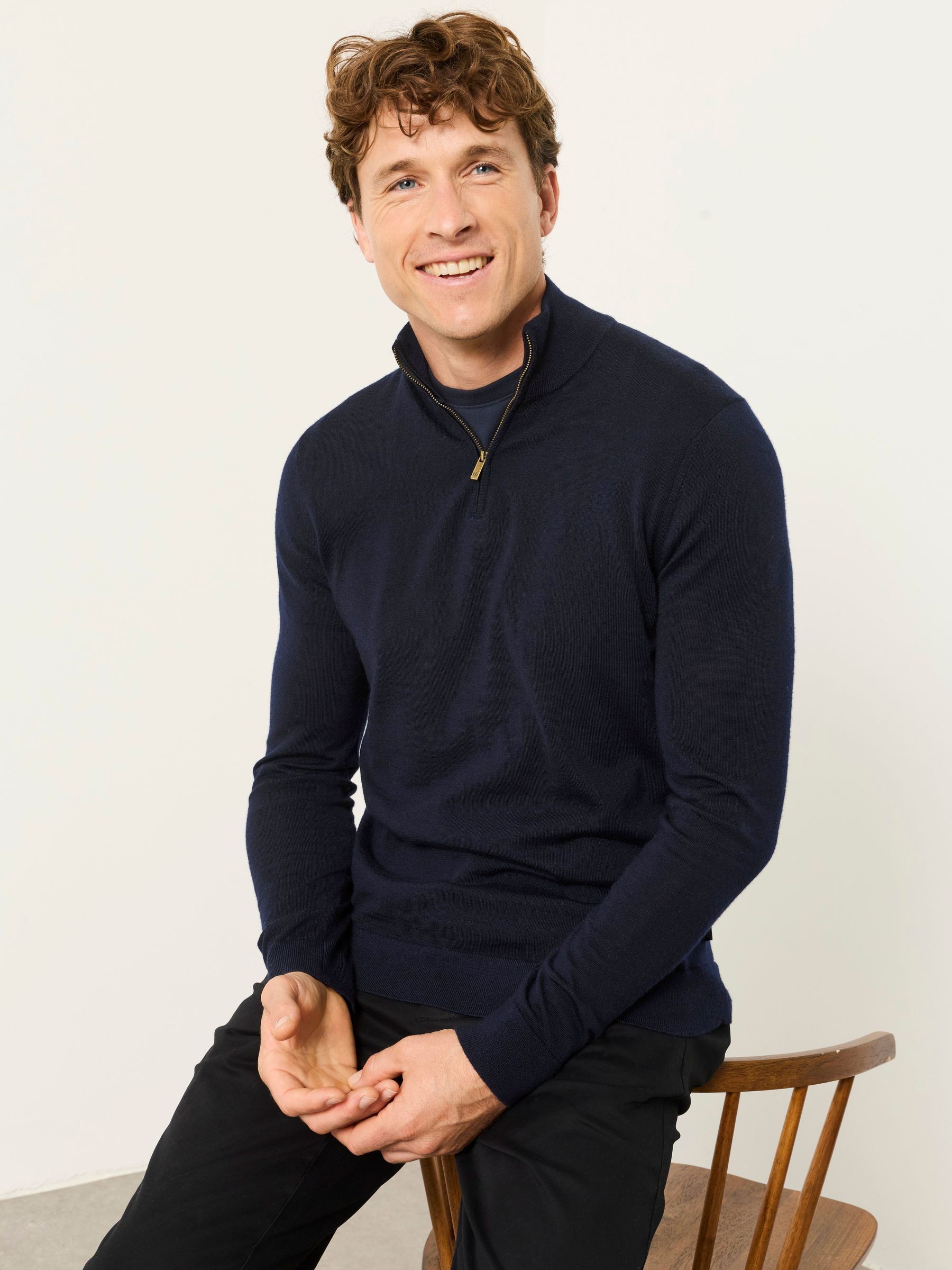 Navy - Regular 100% Merino Wool Quarter Zip Knitted Jumper