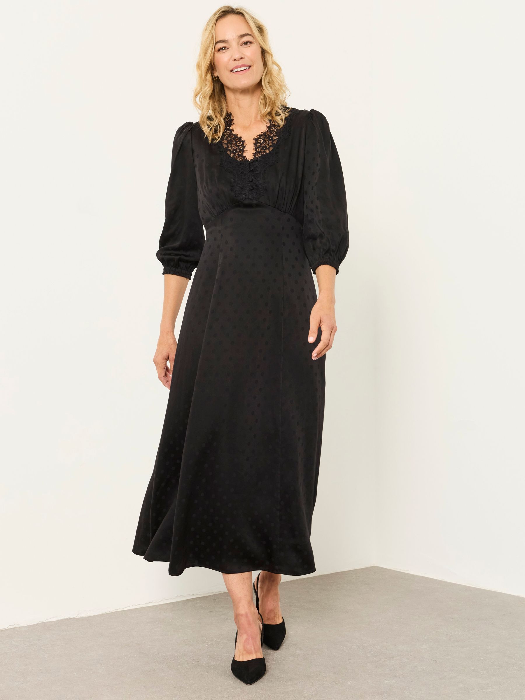 Black Polka Dot - Lace Trim Satin Midi Dress