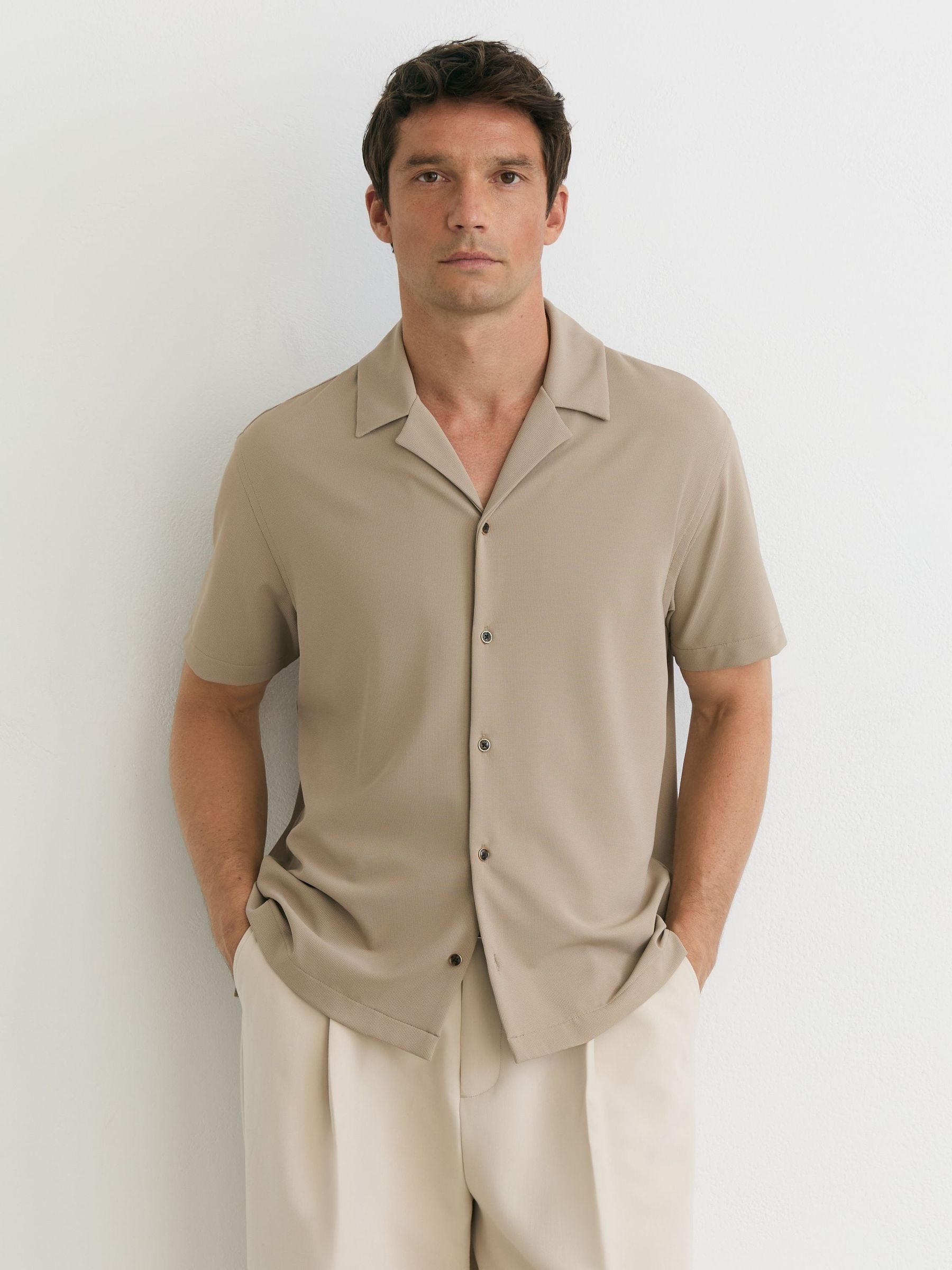 Stone - Regular Stretch Textured Cuban-collar Shirt