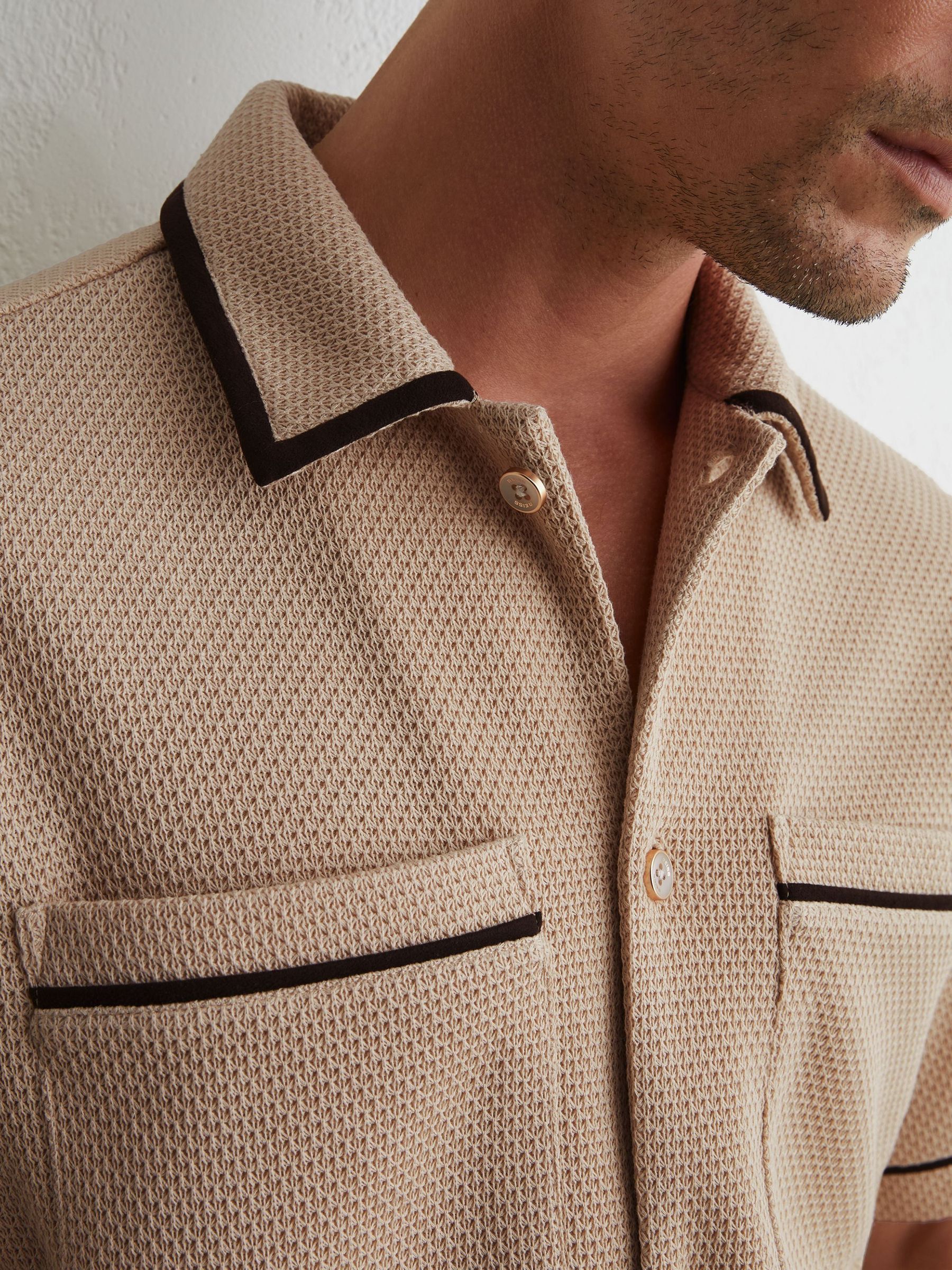 Stone - Regular Textured Piped Short-sleeve Shirt