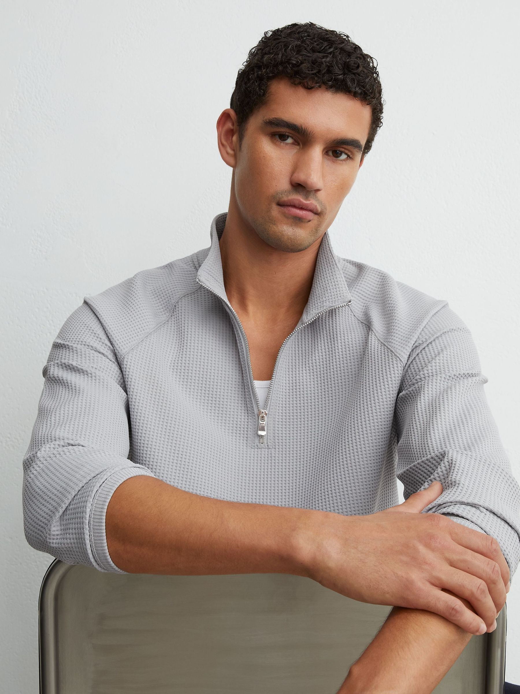 Soft Blue - Regular Waffle Half-zip Funnel-neck Sweatshirt