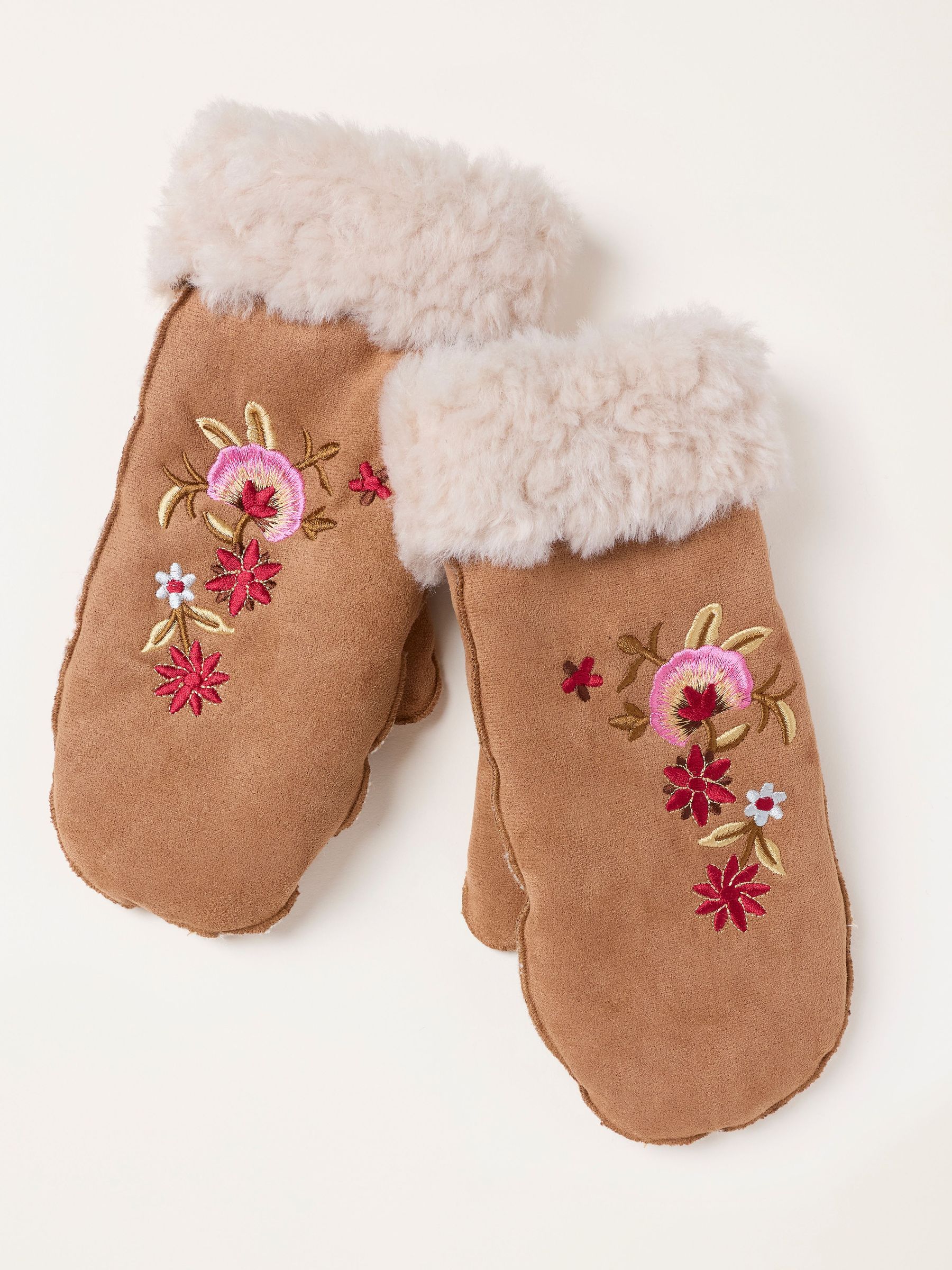 Tan Brown - Faux Fur Floral Embroidered Mittens