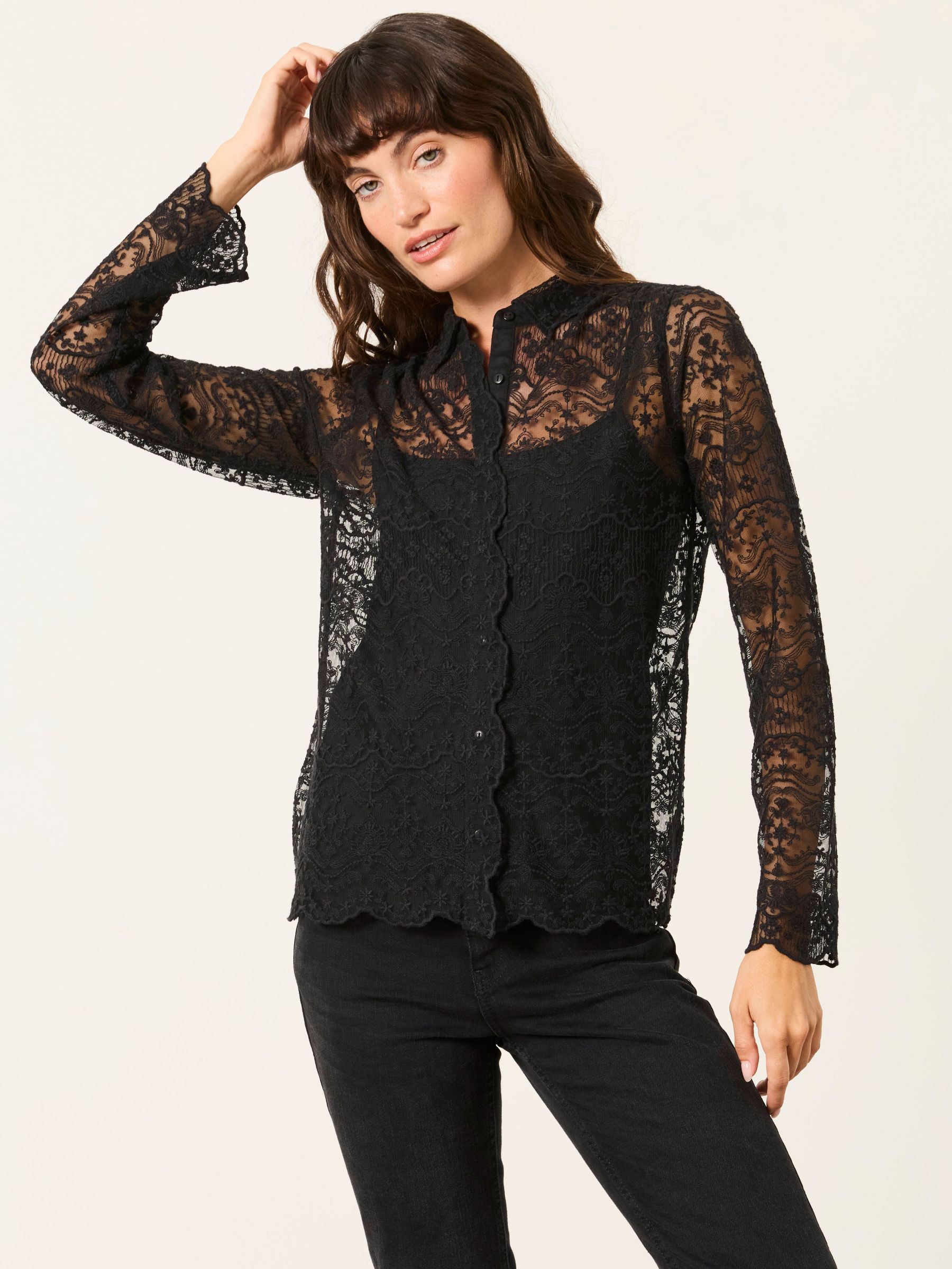 Black - Lace Shirt With Jersey Cami