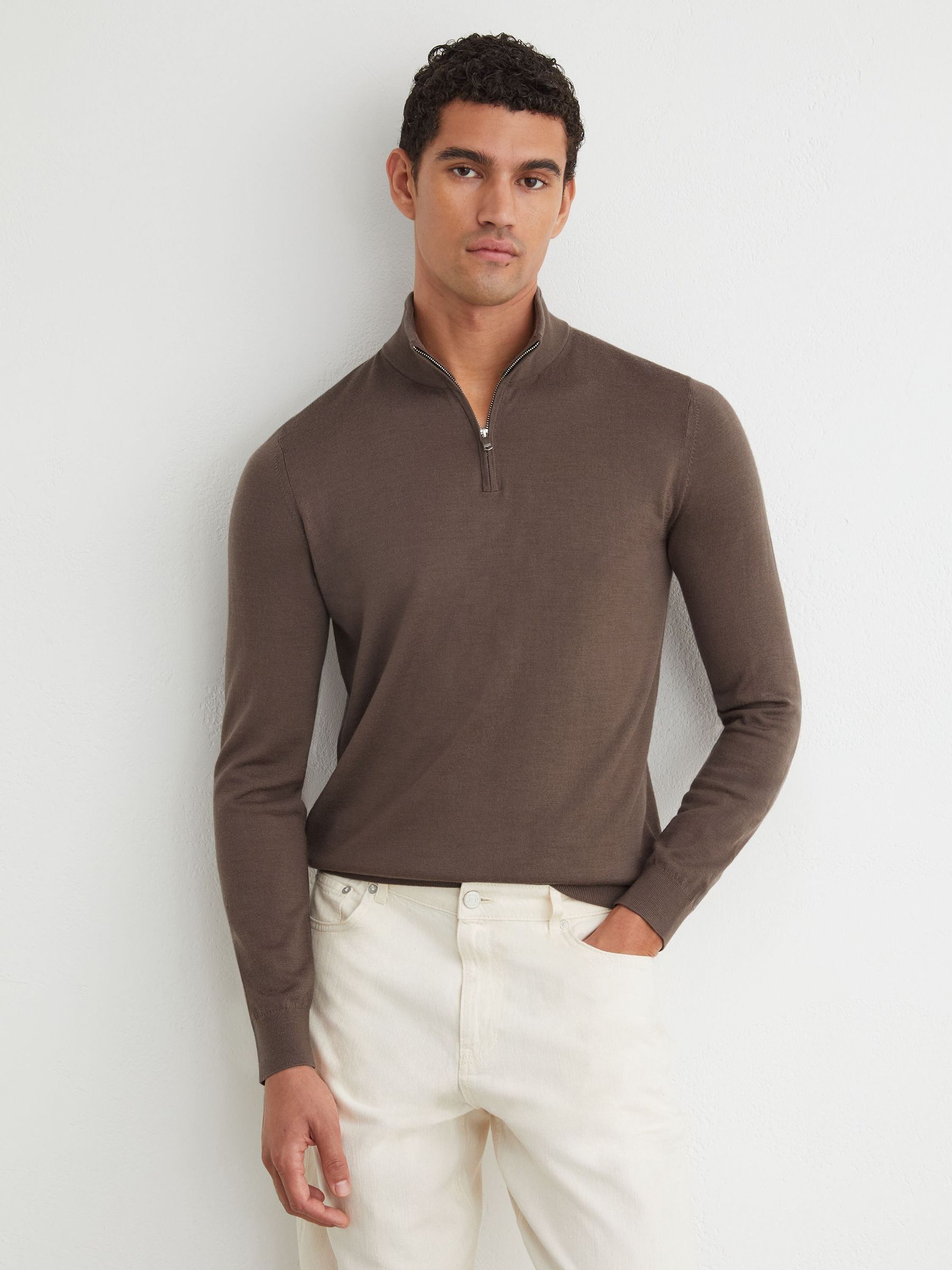 Ridge Brown - Regular Merino Wool Half-zip Funnel-neck Jumper