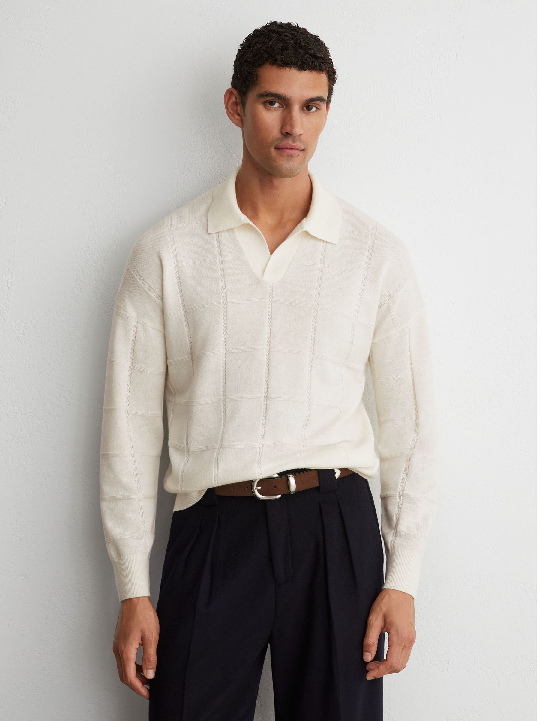 White - Regular Wool Square-textured Open-collar Polo Jumper