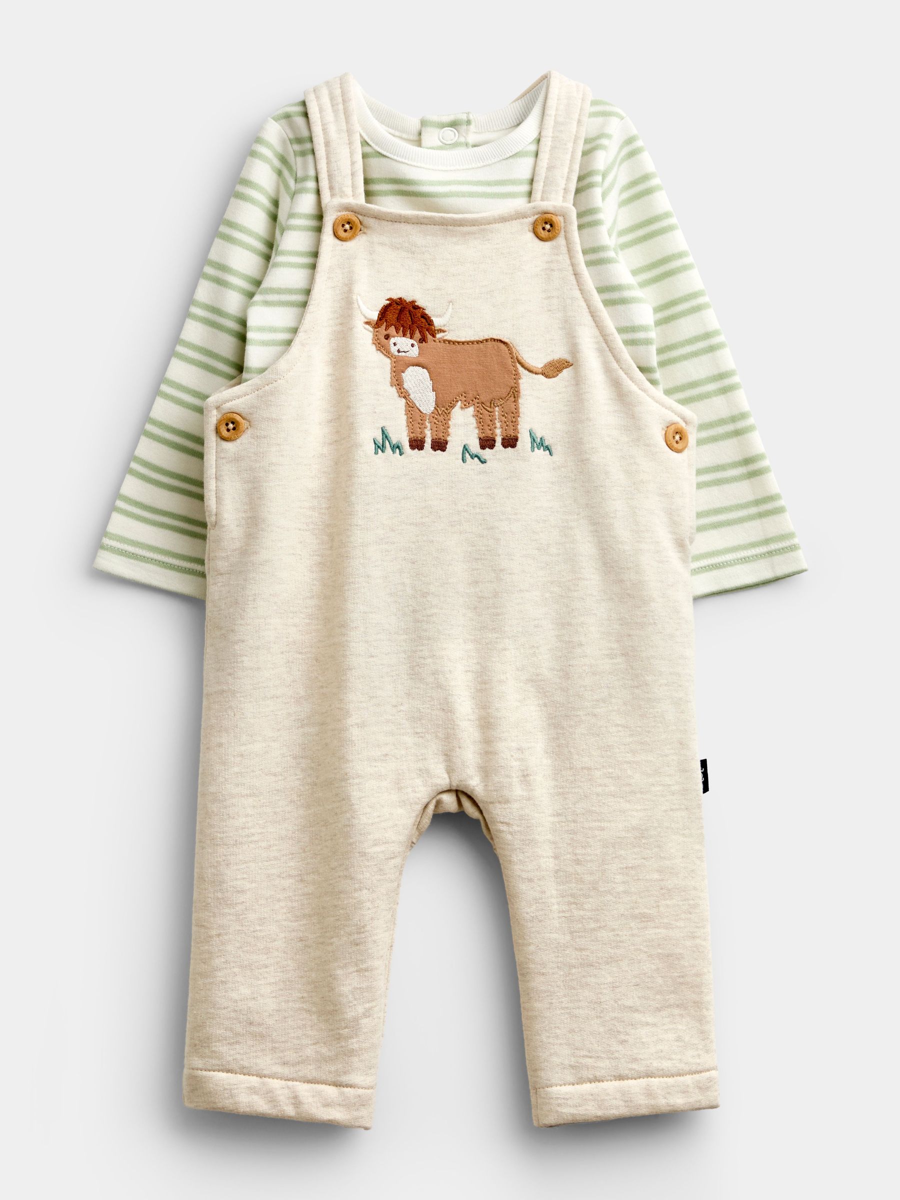 Oat Marl Highland Cow - Appliqué Dungaree Set