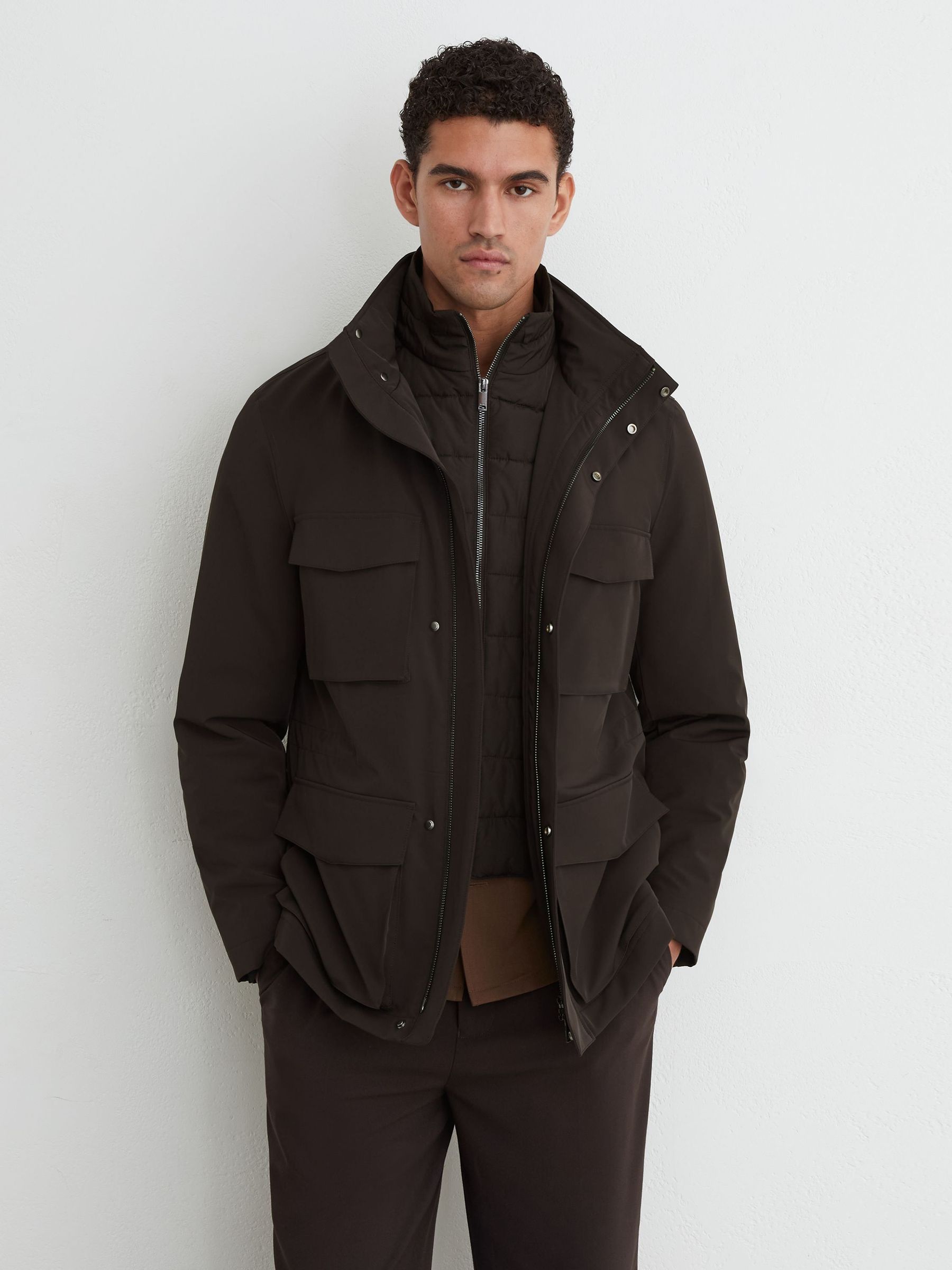 Brun foncé - Regular Four-pocket Hooded Jacket With Removable Gilet