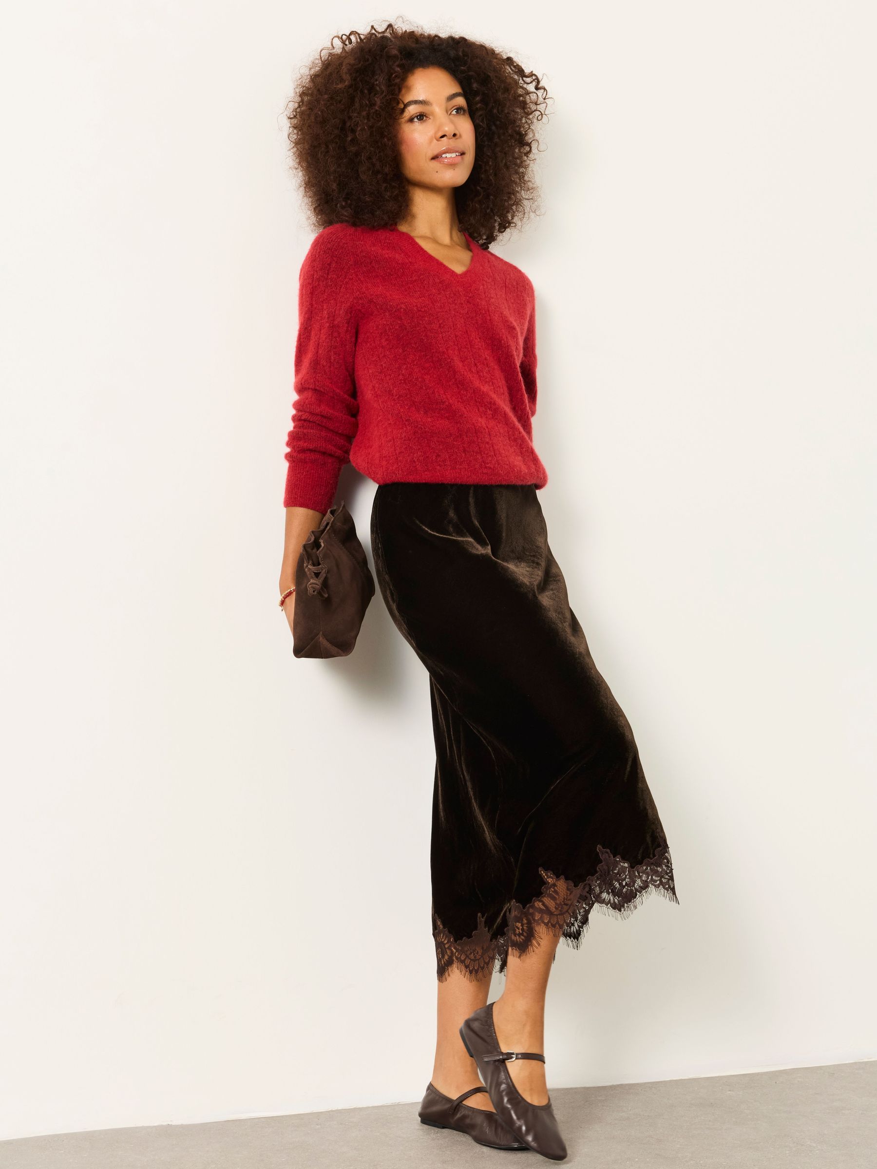 Chocolate Brown - Velvet Midi Skirt