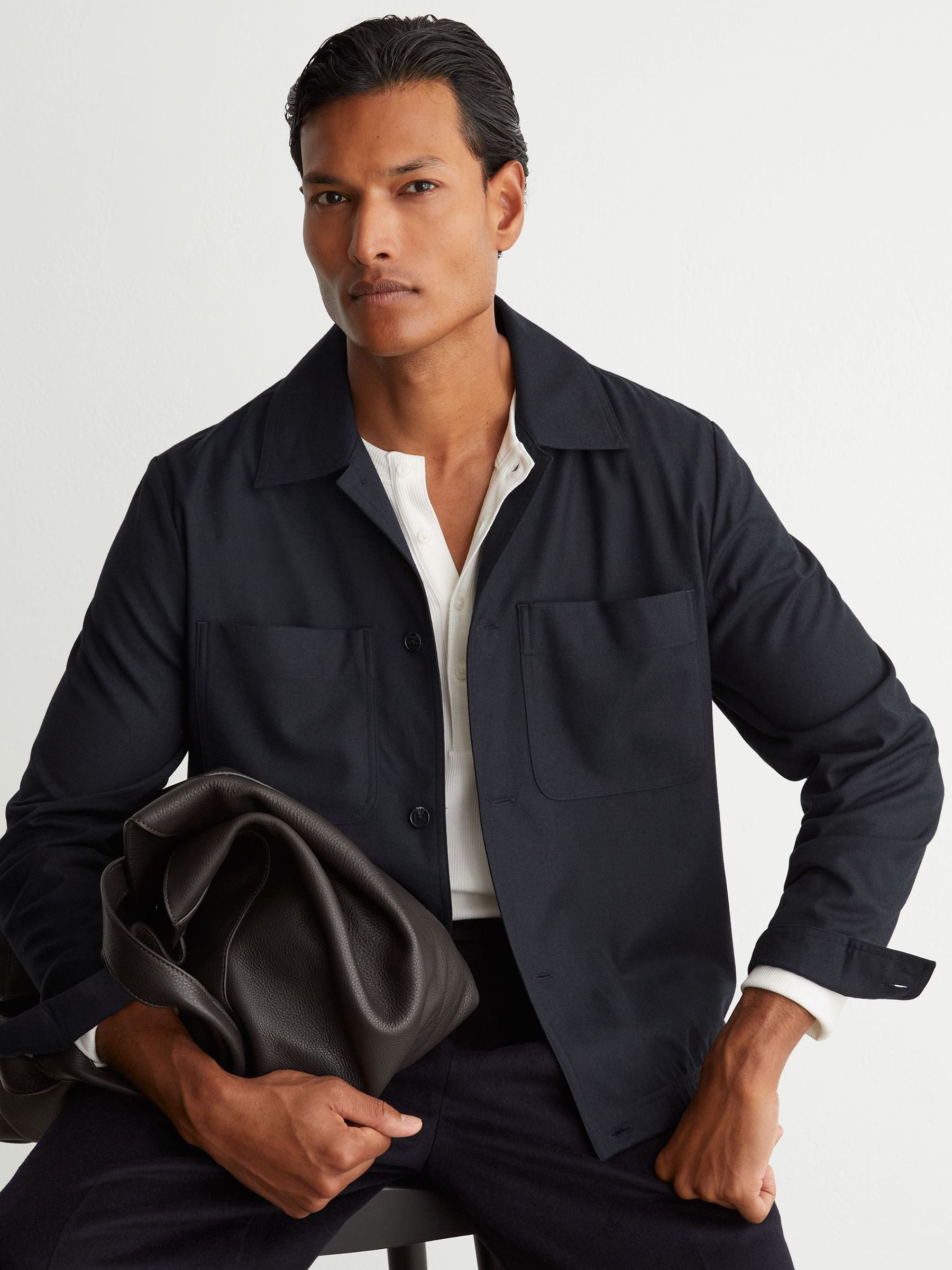 Navy - Regular Brushed Twin-pocket Overshirt With Wool