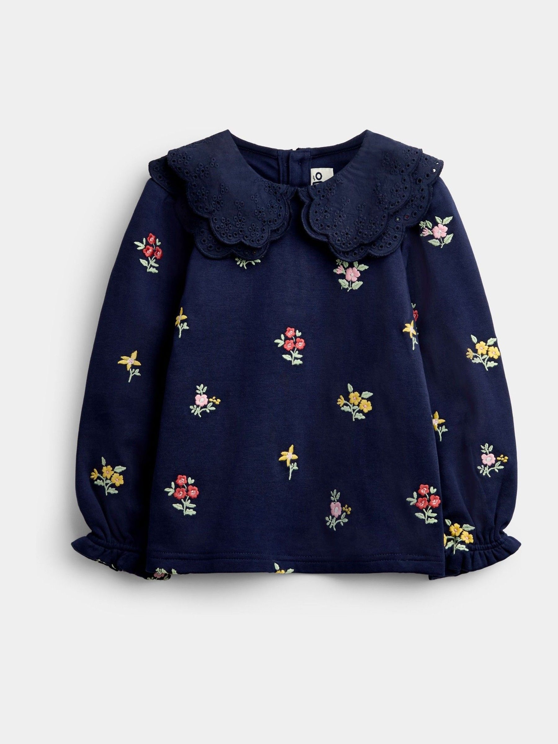 Navy Blue Floral Embroidered - Broderie Collar Top