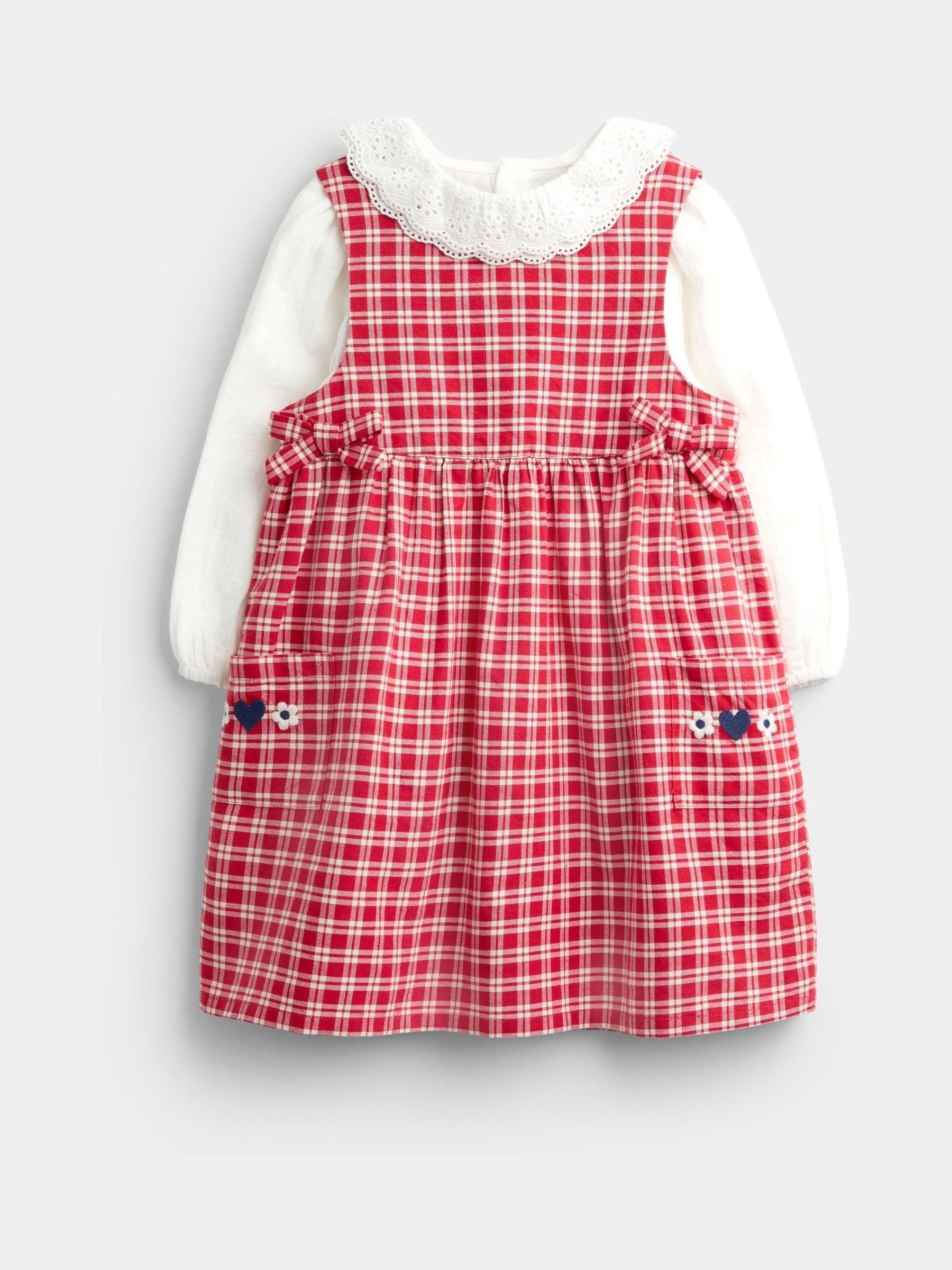 Bright Red Check - Embroidered Pinafore Dress & Blouse Set