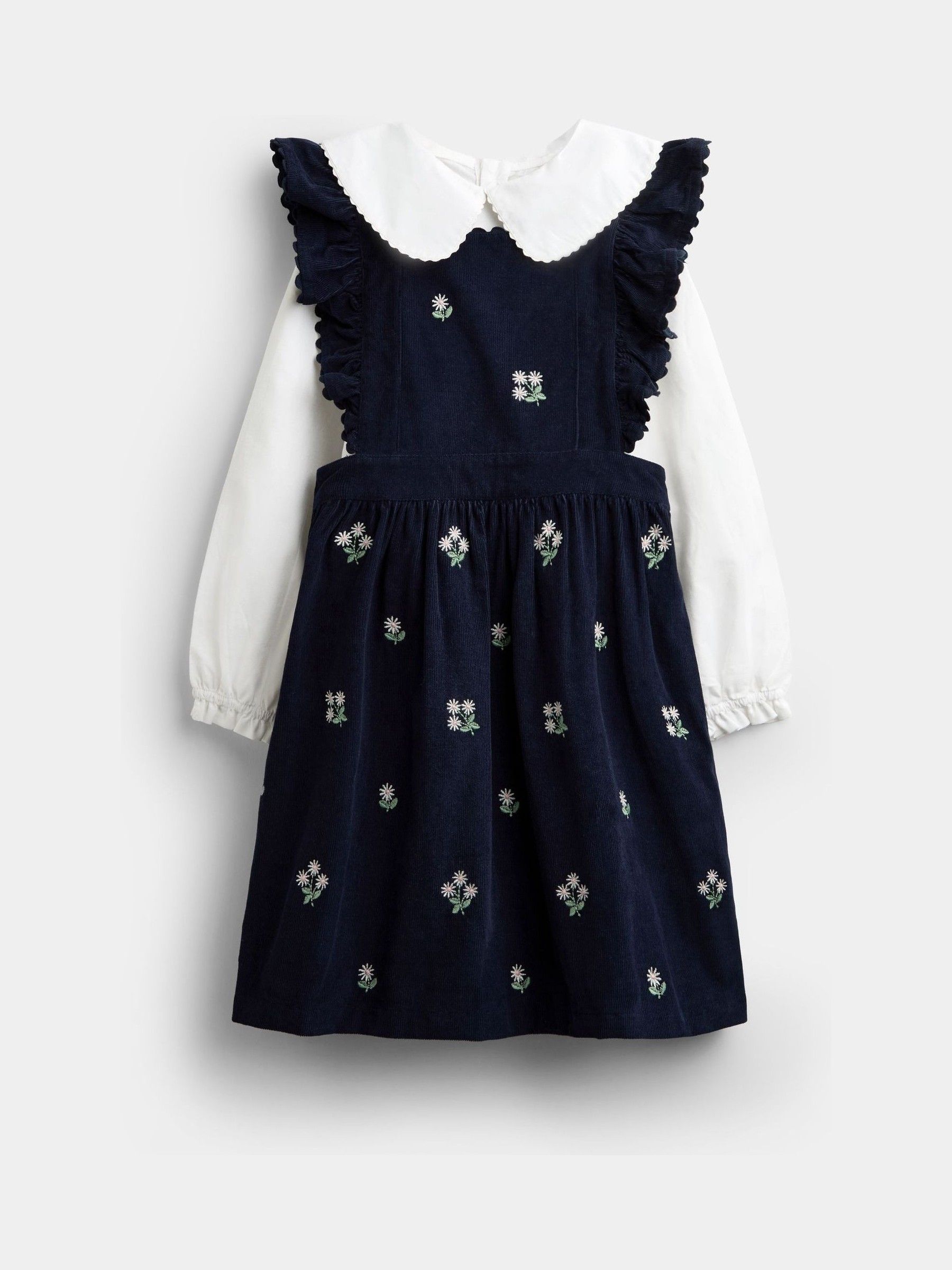 Navy Blue Floral - Embroidered Cord Pinafore Dress & Blouse Set
