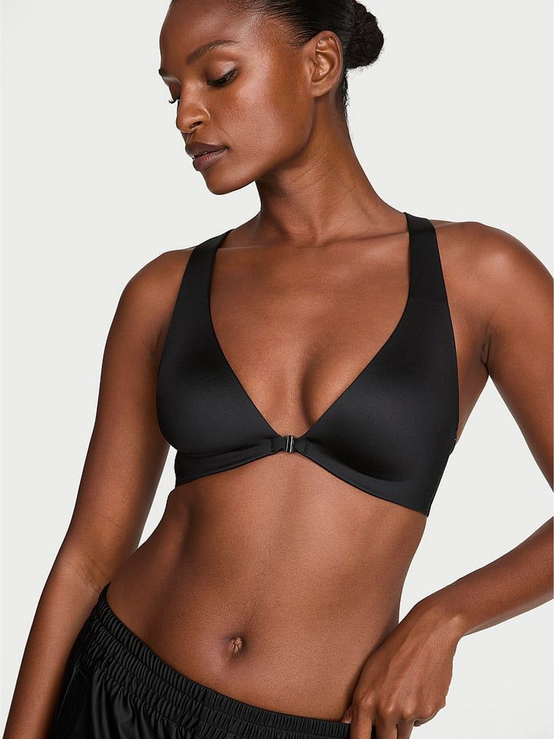 Black - Glossytech™ Plunge Front Close Low Impact Sports Bra