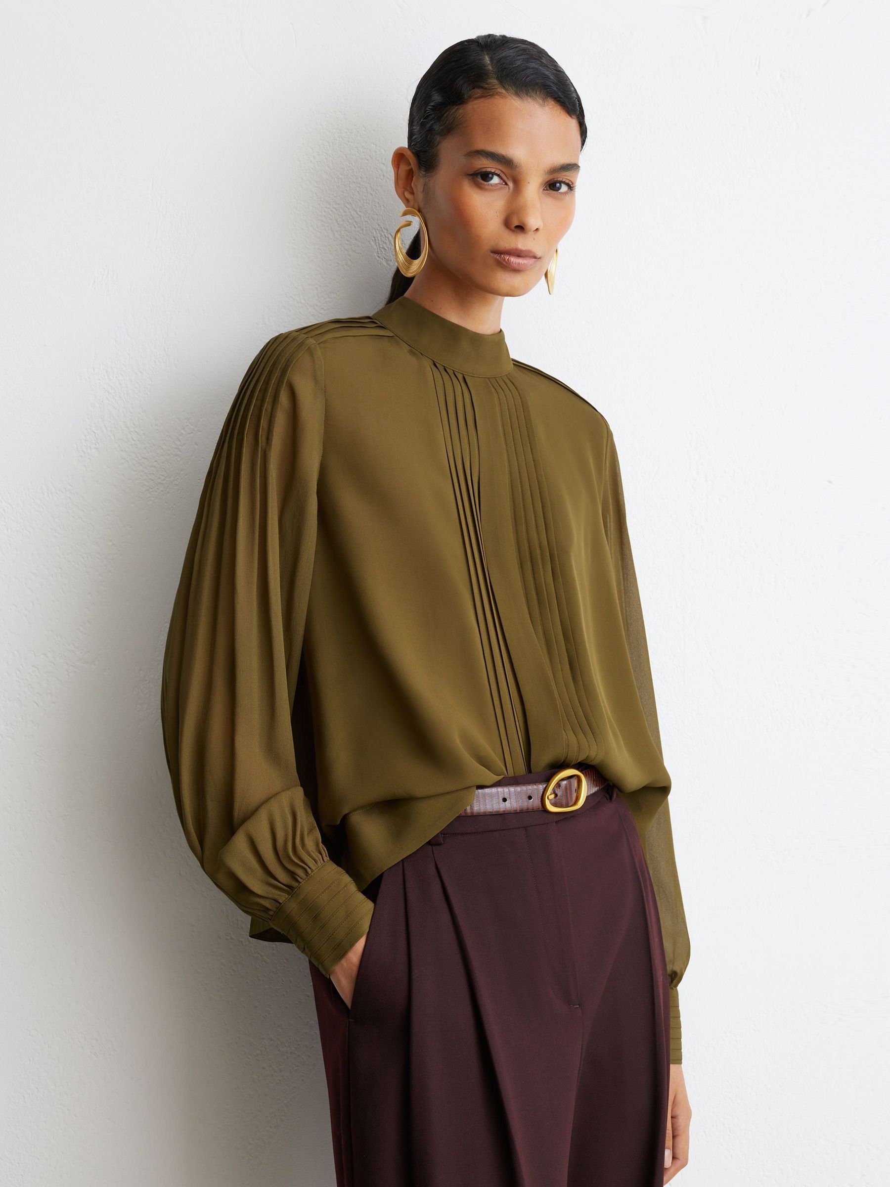 Khaki Green - Pintuck-detail Tie-back Blouse