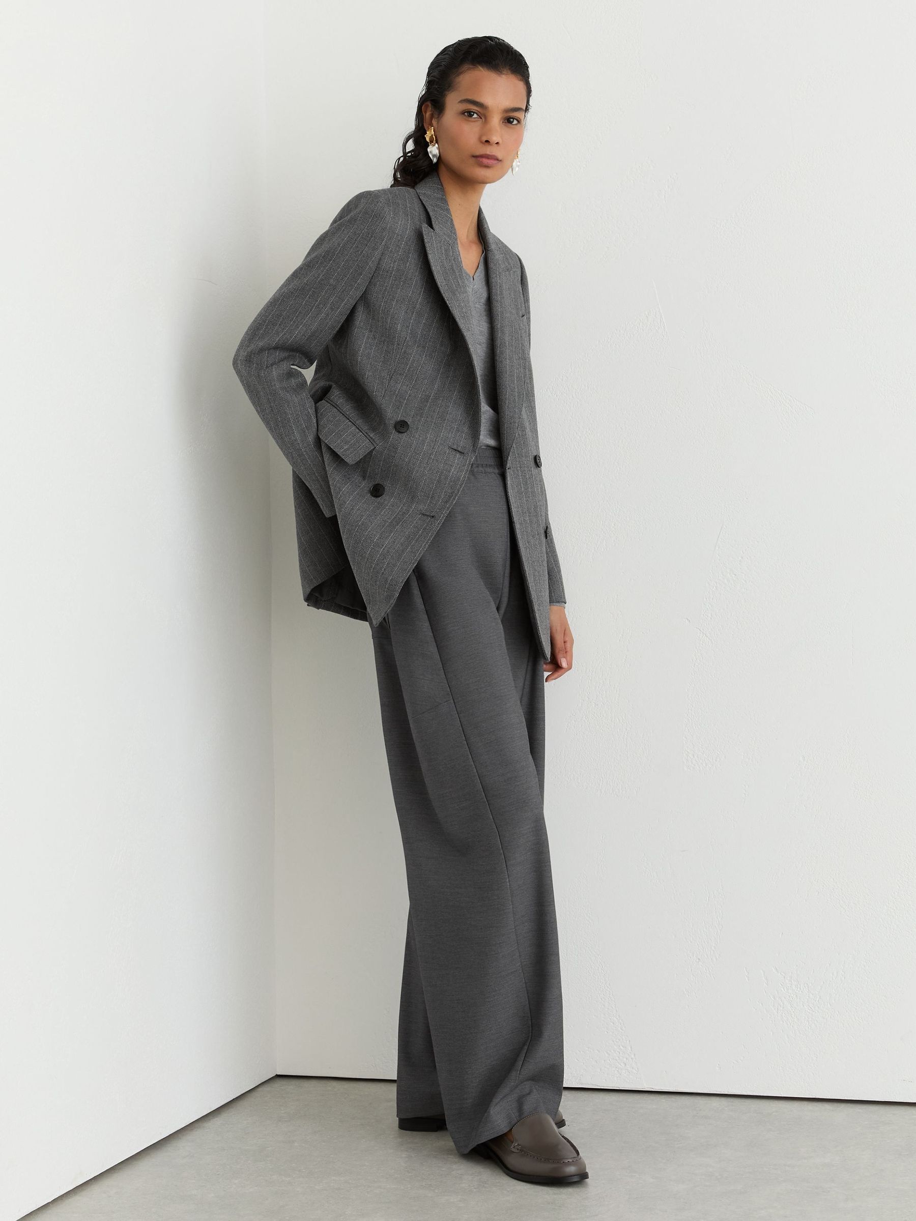Grey - Wool Double-breasted Pinstripe Blazer