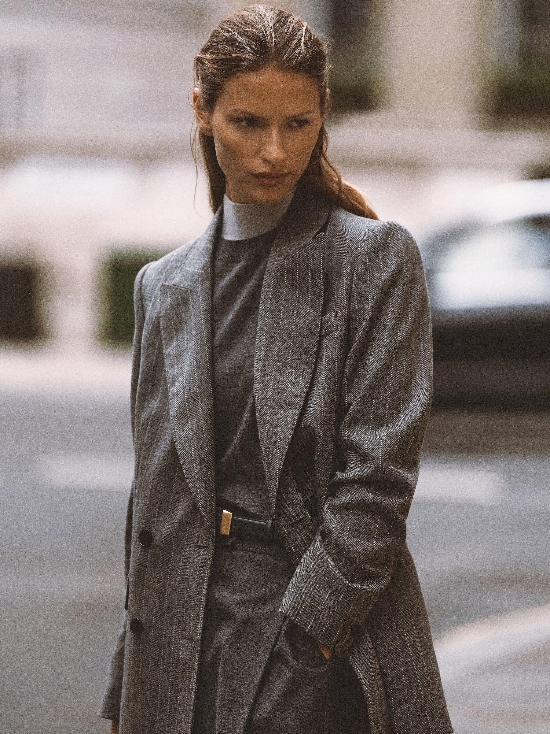 Grey - Wool Double-breasted Pinstripe Blazer