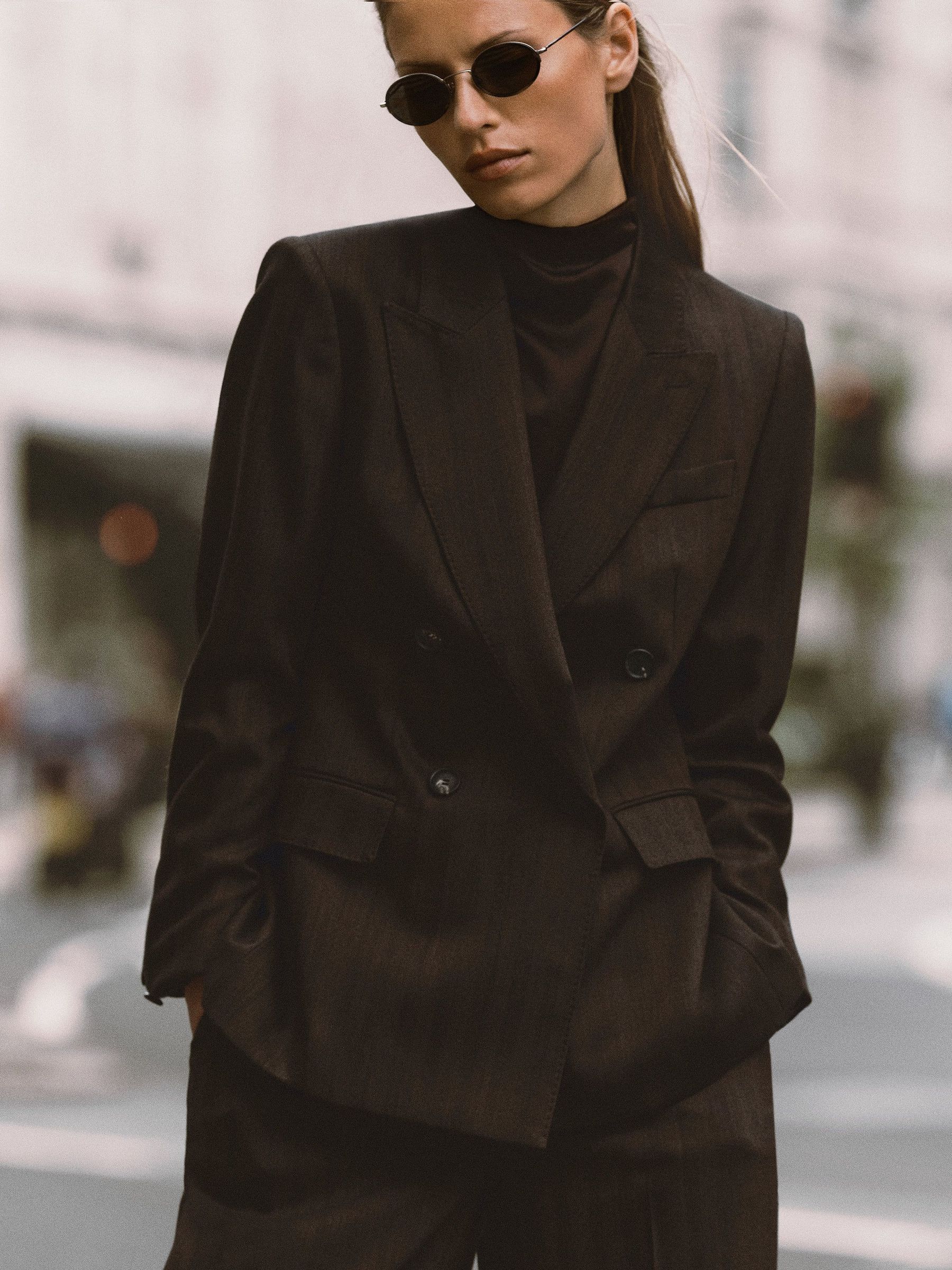 Chocolate Brown - Wool-blend Herringbone Double-breasted Blazer
